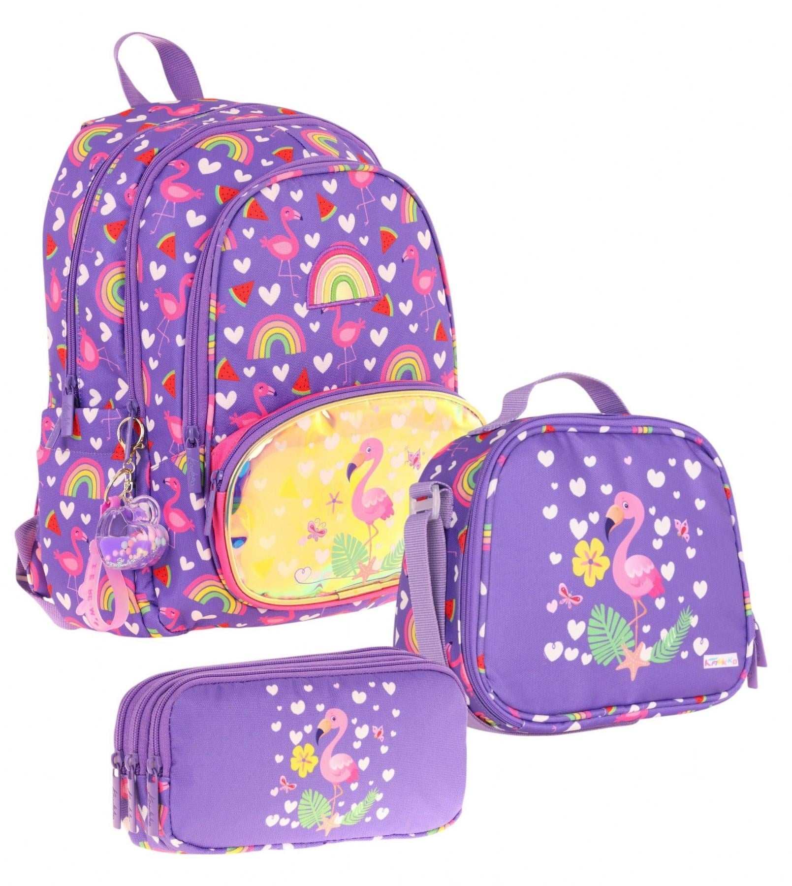 Kaukko Mor Pembe Flamingo Desenli Kız Çocuk İlkokul Üçlü Okul Çanta Seti STKK-L5226A