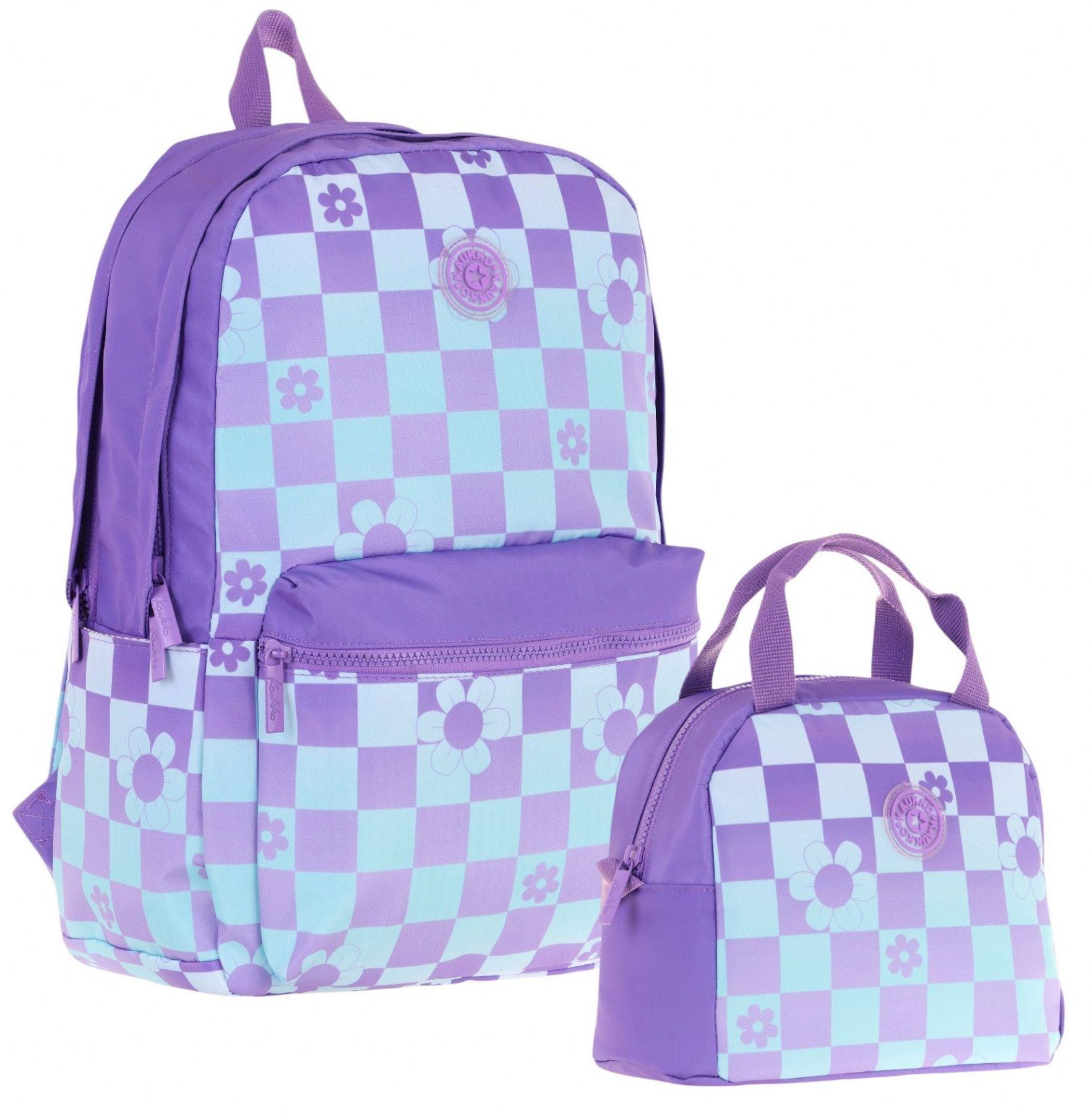 Kaukko Nature Mor Mavi Papatya ve Kare Desenli Okul Çantası ve Isı Yalıtımlı Beslenme Seti - Kız Çocuk