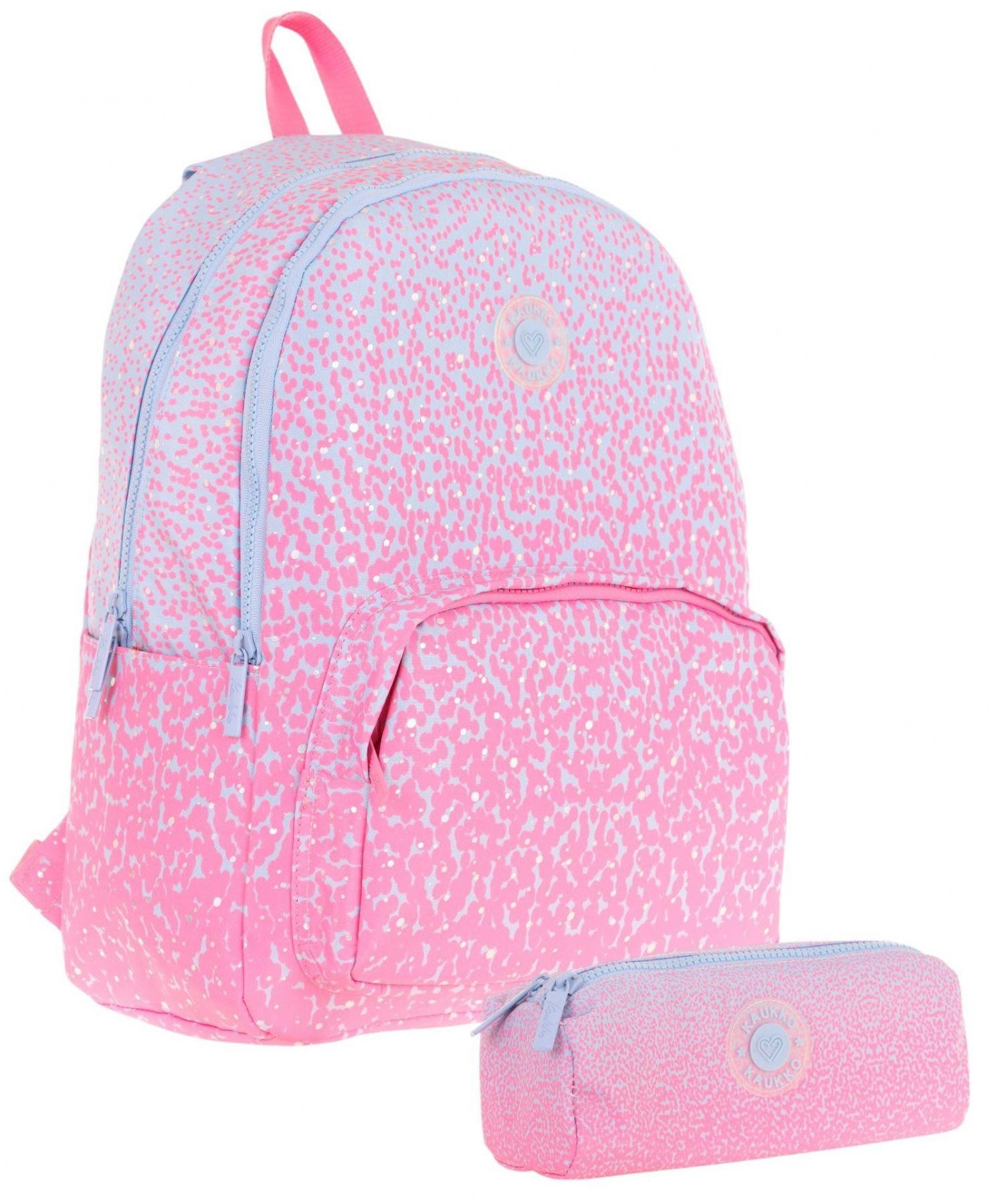 Kaukko Nokta Desenli Pembe Kız Çocuk Okul Çantası ve Kalemlik Seti (KK - K1803+KK - K2714)
