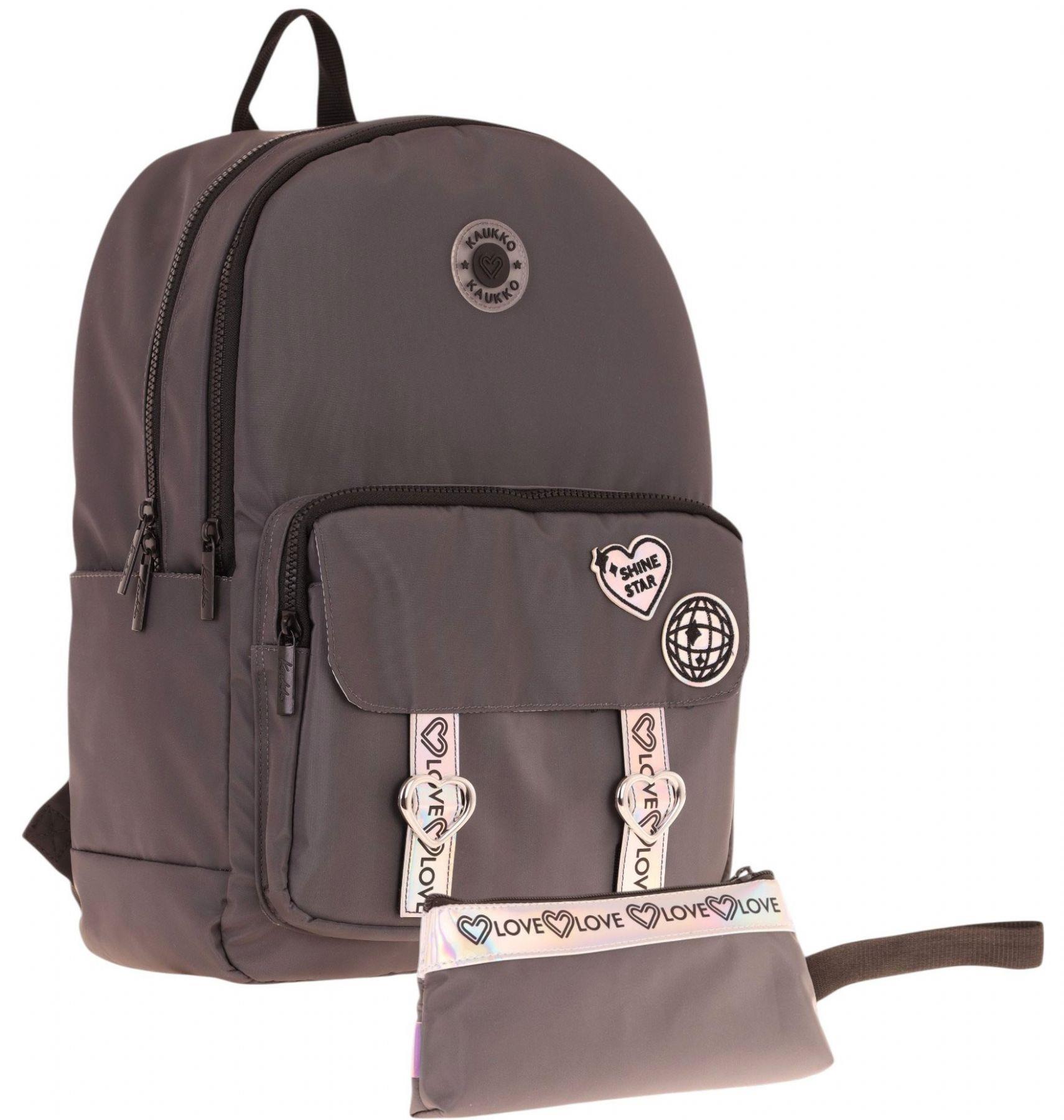 Kaukko Parlak Love Şeritli Gri Okul Çantası ve Cüzdan Tipi Kalemlik Seti (KK-K1842+KK-K2753)