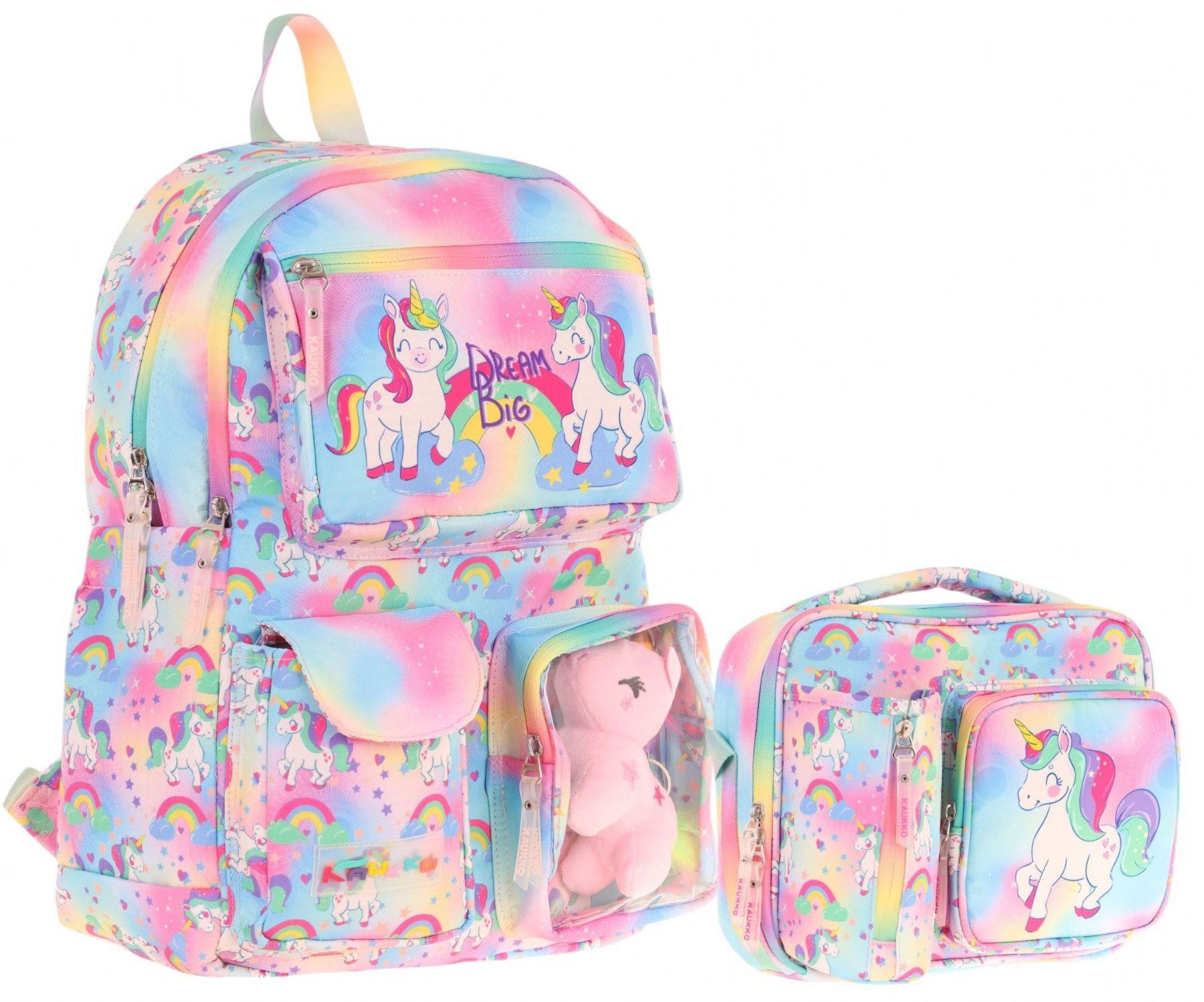 Kaukko Peluş Unicornlu Pembe Kız ÇocukLar İçin Okul Çantası ve Beslenme Çantası Seti (L5243+L7243)