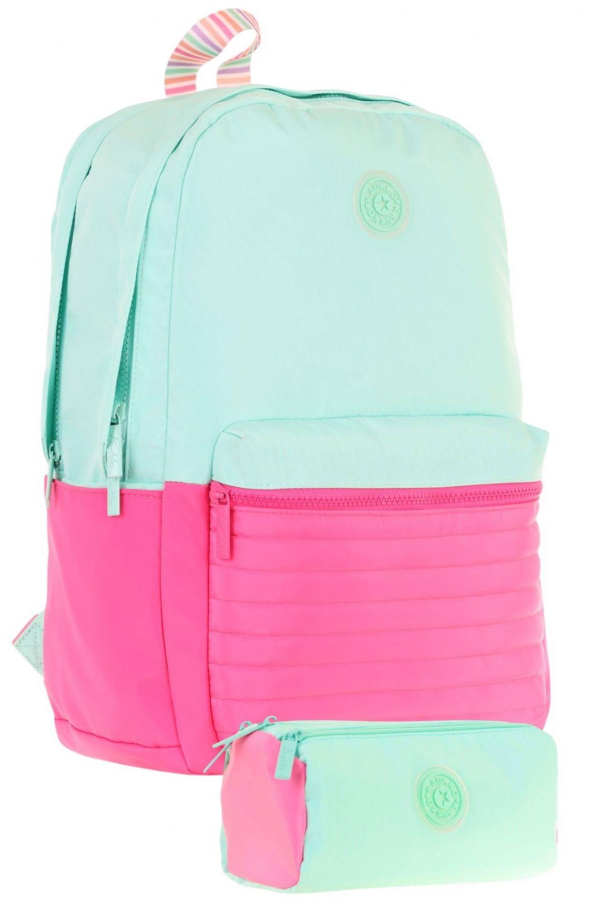 Kaukko Quick Kapitone Detaylı Yeşil Pembe Kız Çocuk Okul Çantası ve Kalemlik Okul Seti
