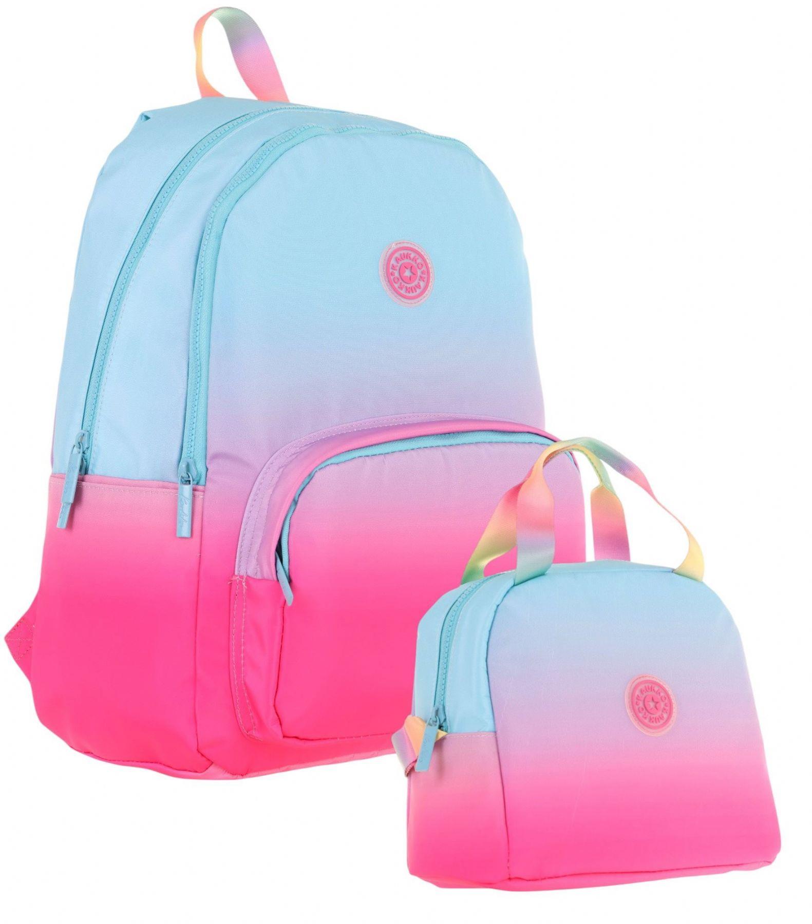 Kaukko Rainbow Üç Bölmeli İlkokul Çantası ve Beslenme Çantası Seti - Mavi Pembe Renk Geçişli
