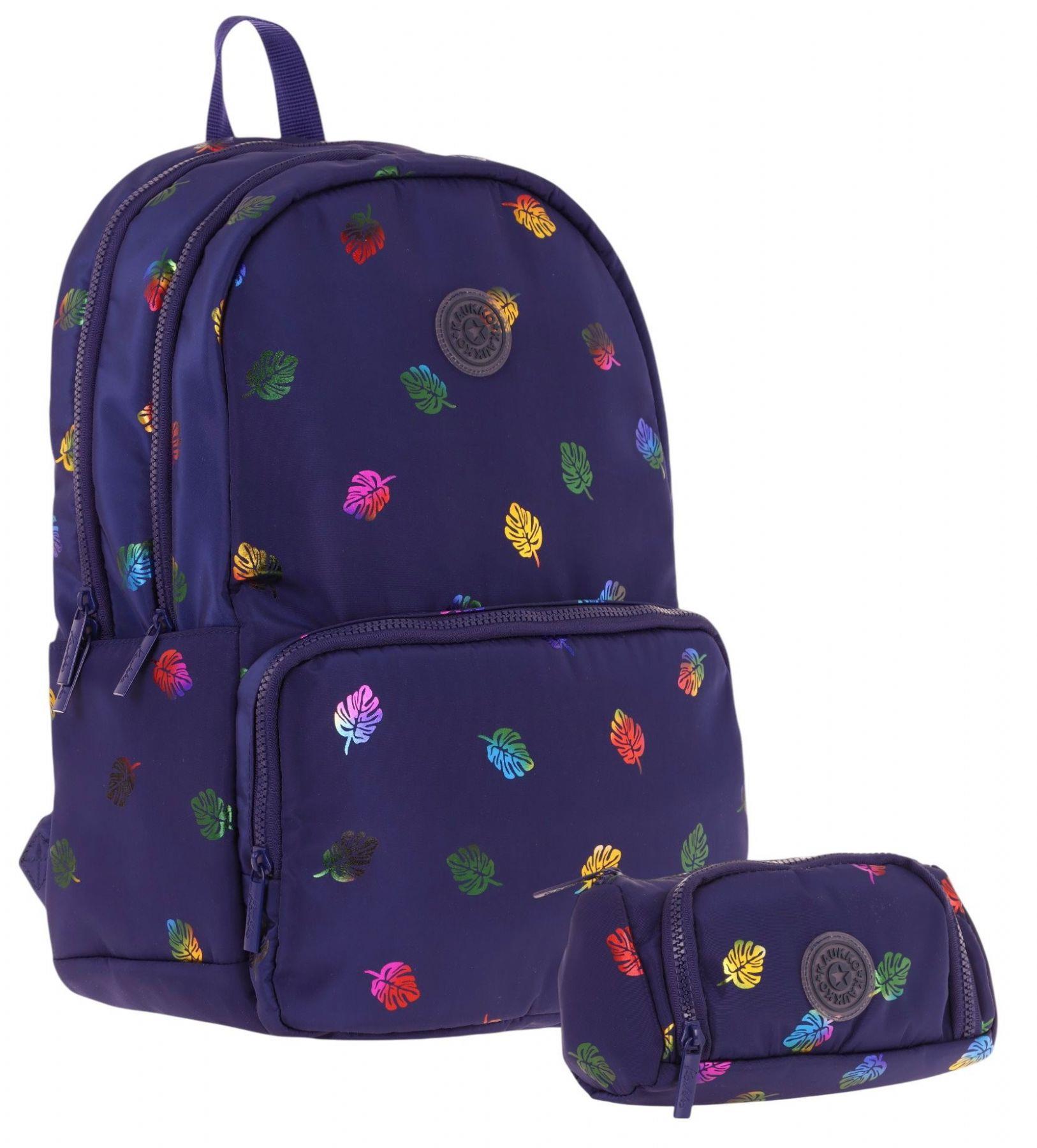 Kaukko Shine Kız Çocuk Yaprak Desenli Lacivert İlkokul, Ortaokul Sırt Çantası ve Kalemlik Seti