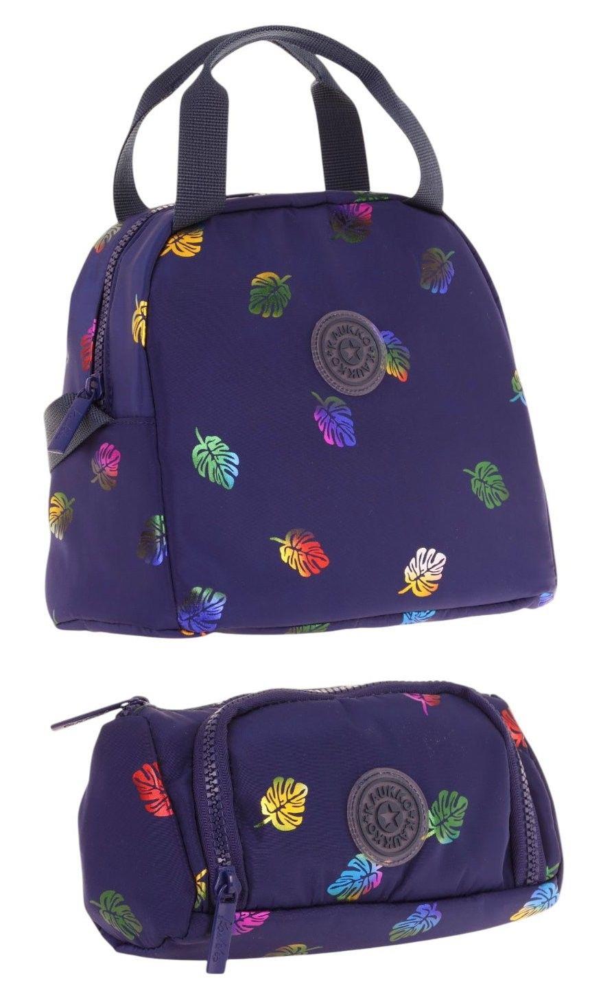 Kaukko Shine Yaprak Desenli Lacivert Kız Çocuk Beslenme Çantası ve Kalem Çantası Seti