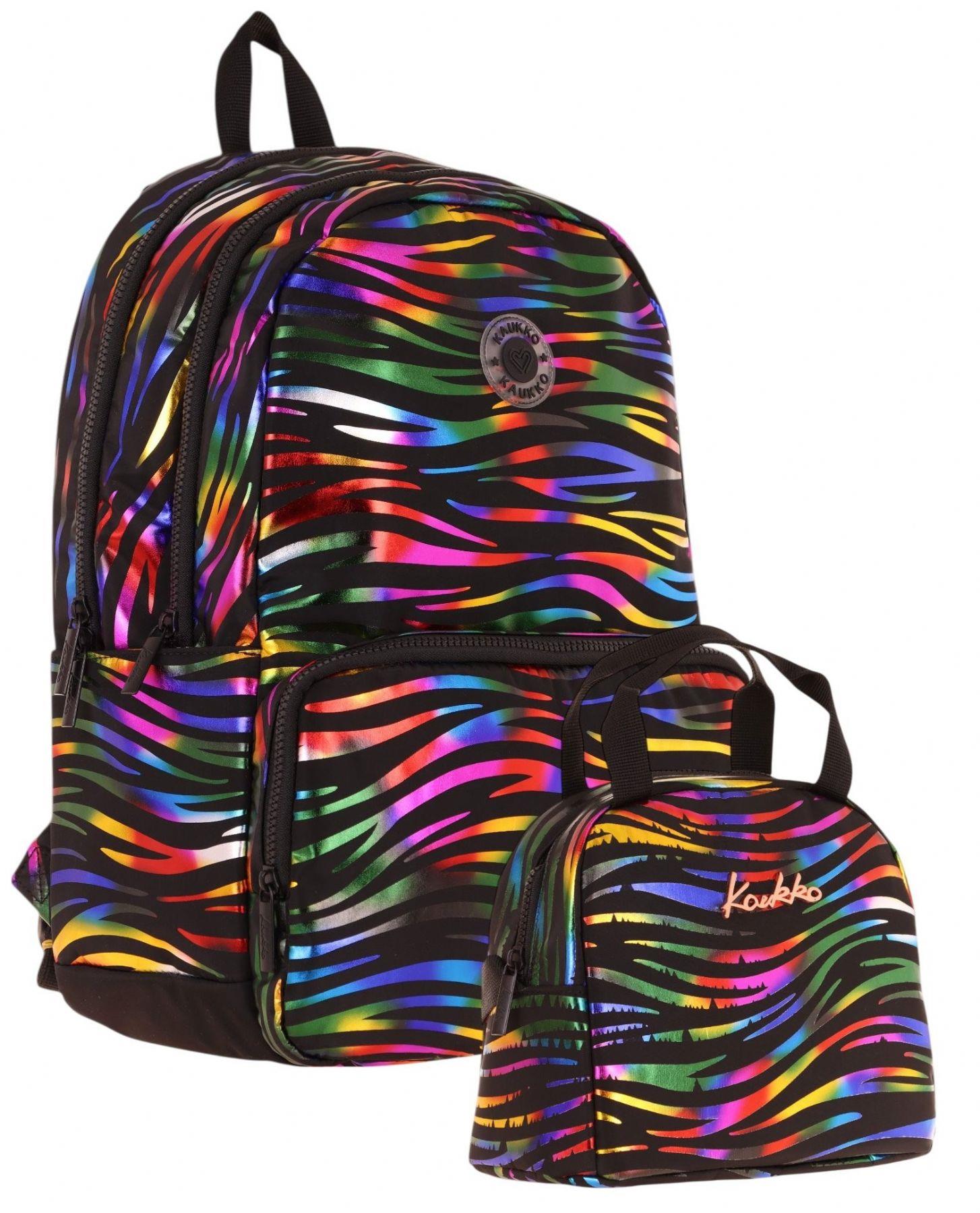 Kaukko Shine Zebra Desenli Siyah Çok Renkli Kız Çocuk Okul Sırt Çantası ve Beslenme Çantası Seti