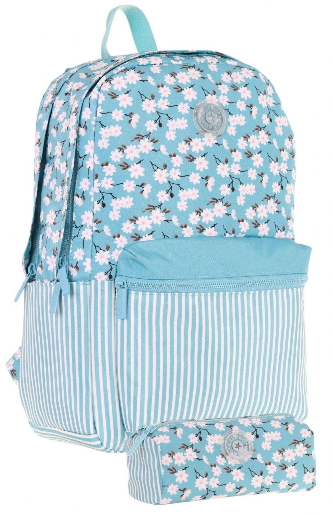 Kaukko Soft Floral Çiçek ve Çizgi Desenli Turkuaz Kız Çocuk Okul Çantası ve Kalemlik Okul Seti