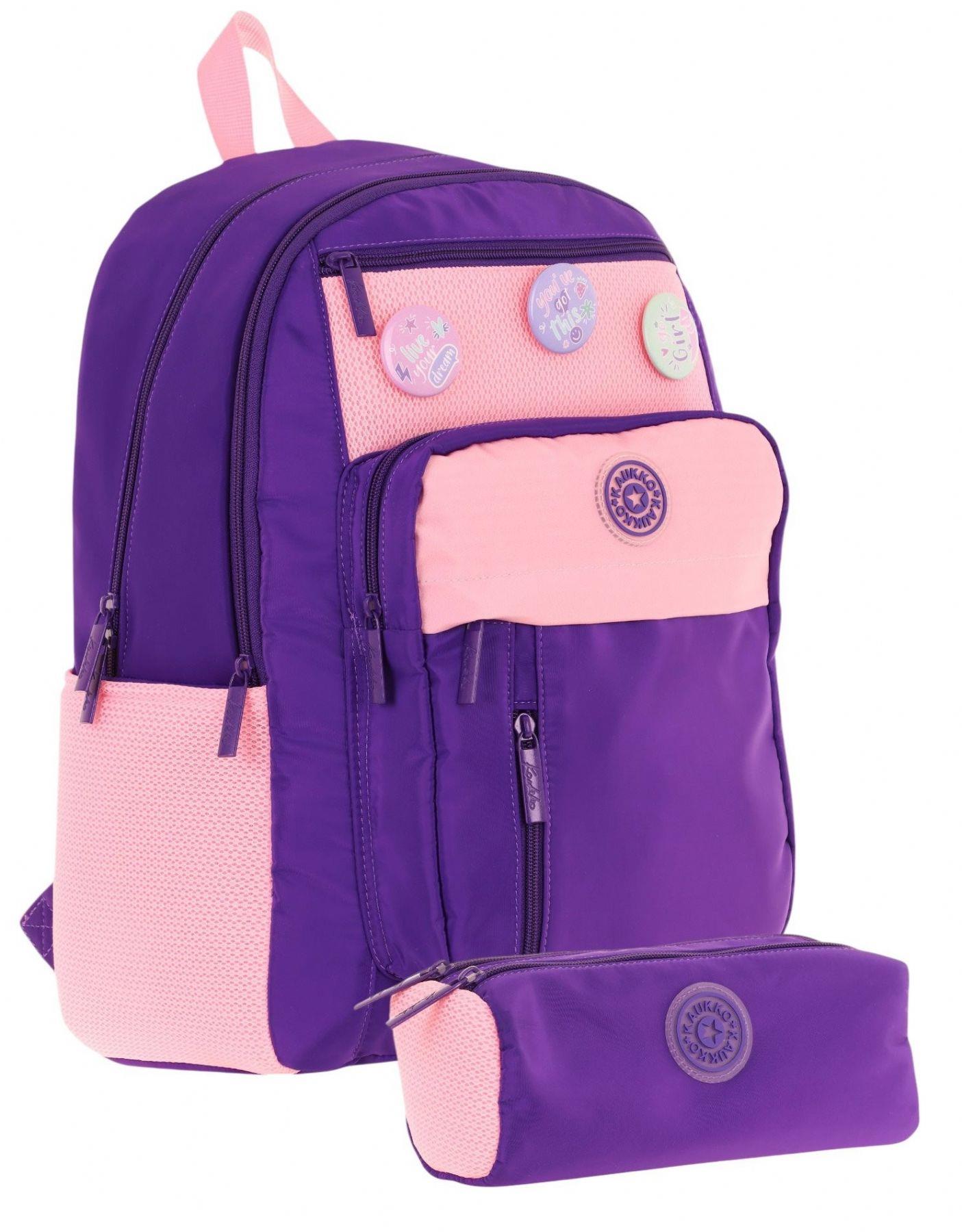 Kauko Holiday Kız Çocuk Rozetli Okul Çantası ve Kalemlik Seti - Mor Pembe - Altı Bölmeli