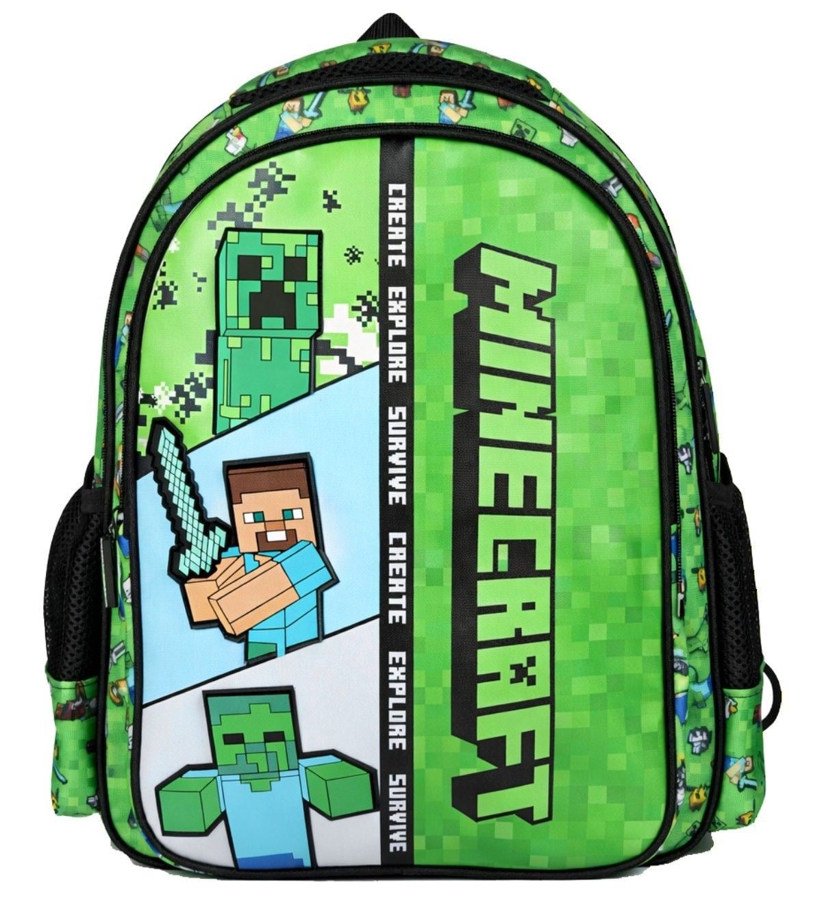 Minecraft İki Bölmeli Erkek Çocuk Minecraft Baskılı Yeşil Okul Sırt Çantası - 26613