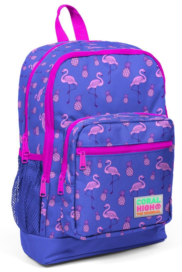 Pembe-Mor Flamingo Desenli Kız Çocuk İlkokul Çantası -- Dört Bölmeli