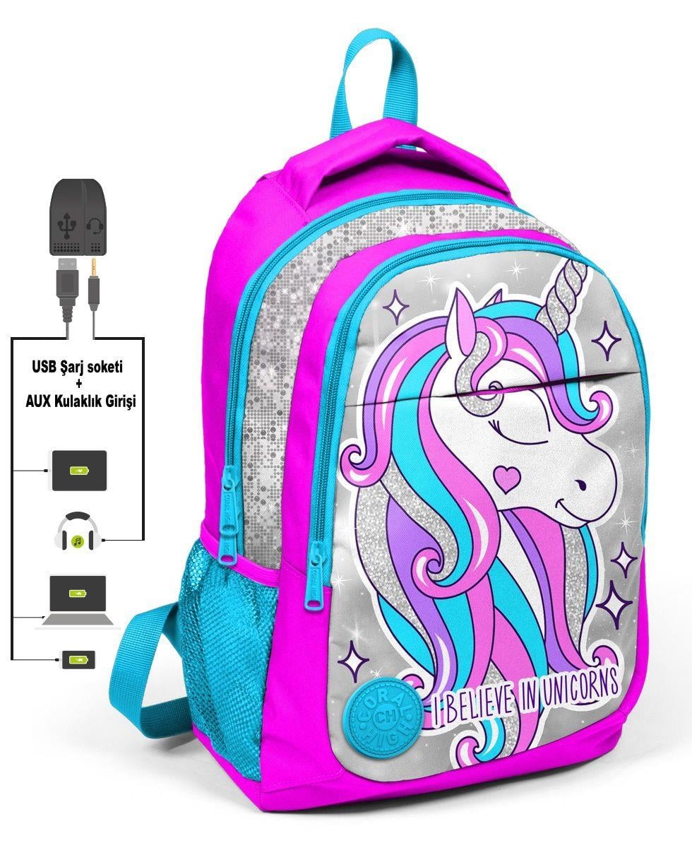 Pembe Unicorn İlk ve Ortaokul Sırt Çantası - USB ve AUX Çıkışlı