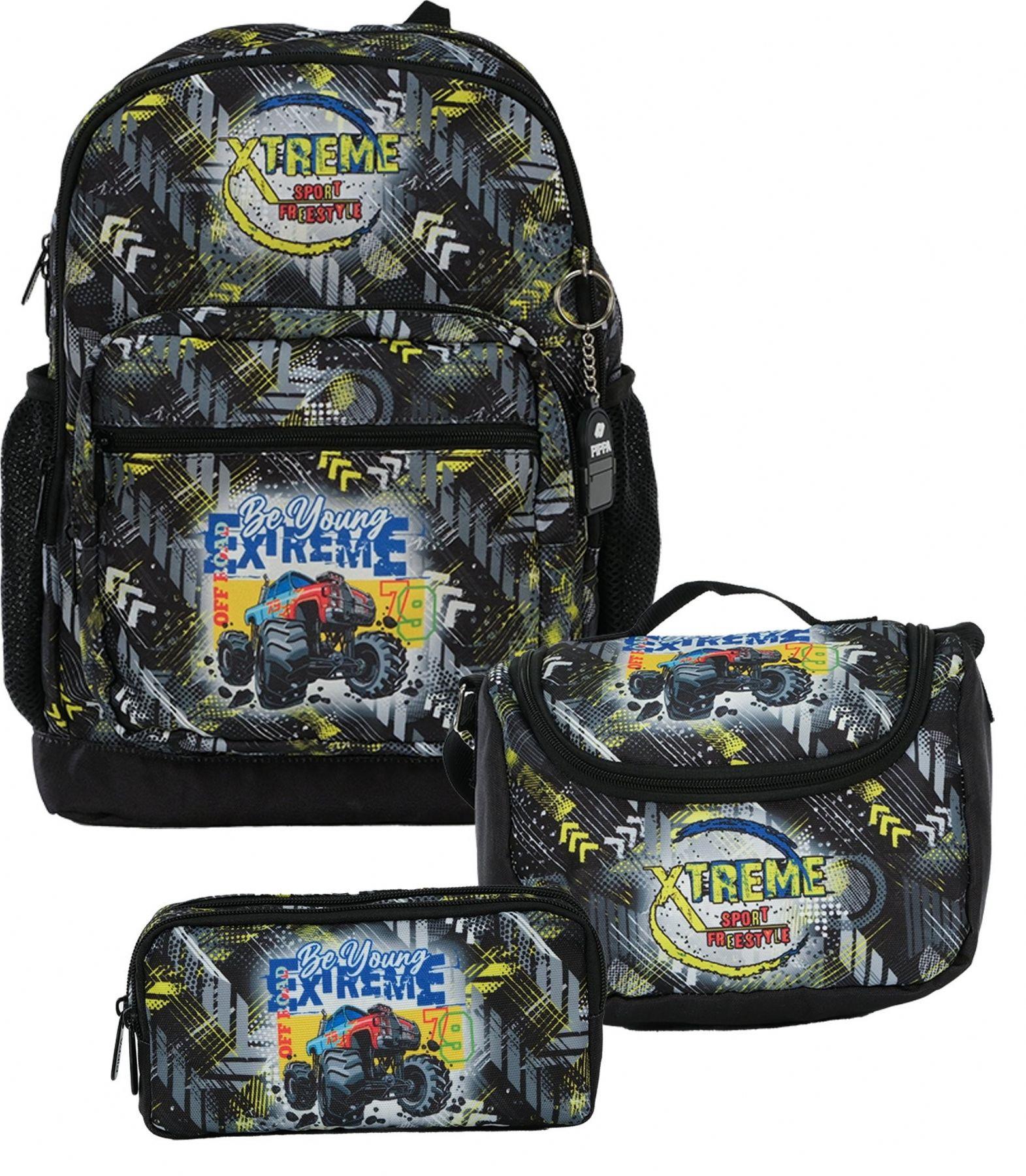 Pippa Erkek Çocuk Üç Gözlü Siyah İlkokul Üçlü Okul Çanta Seti - Arazi Aracı - PPSET5400