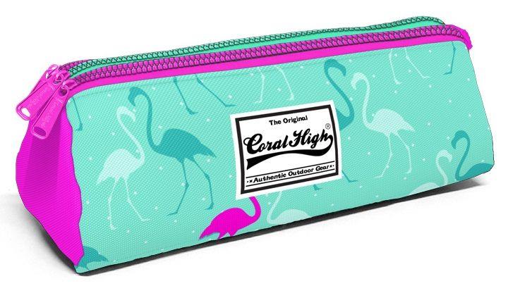 Üç Gözlü Yeşil Pembe Flamingo Kalem Çantası - Kalın Fermuarlı - Kız Çocuk