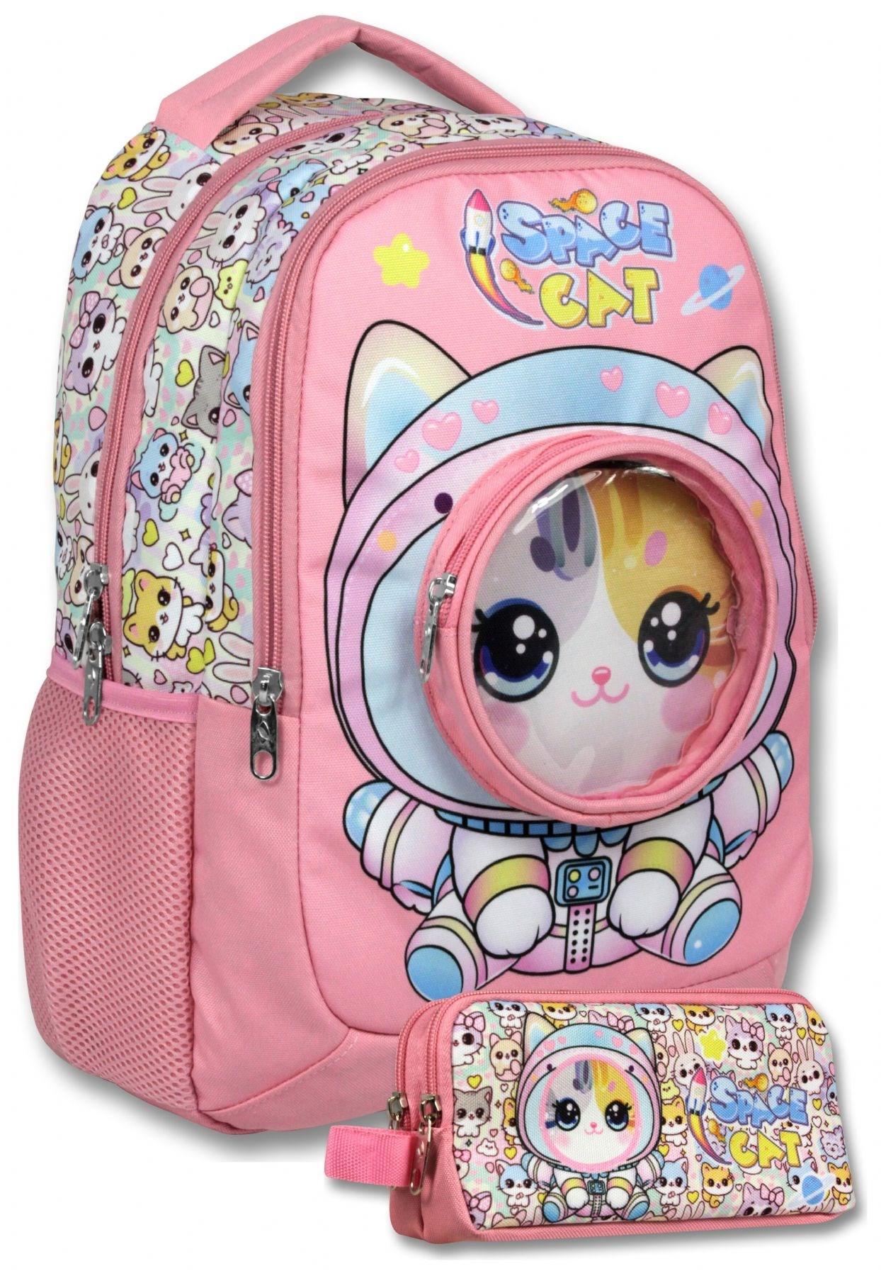 Ümit Çanta (Pembe - Beyaz) Kız Çocuk Astronot Kedi Baskılı İlkokul Çantası ve Kalemlik Seti - SETUMT6003C