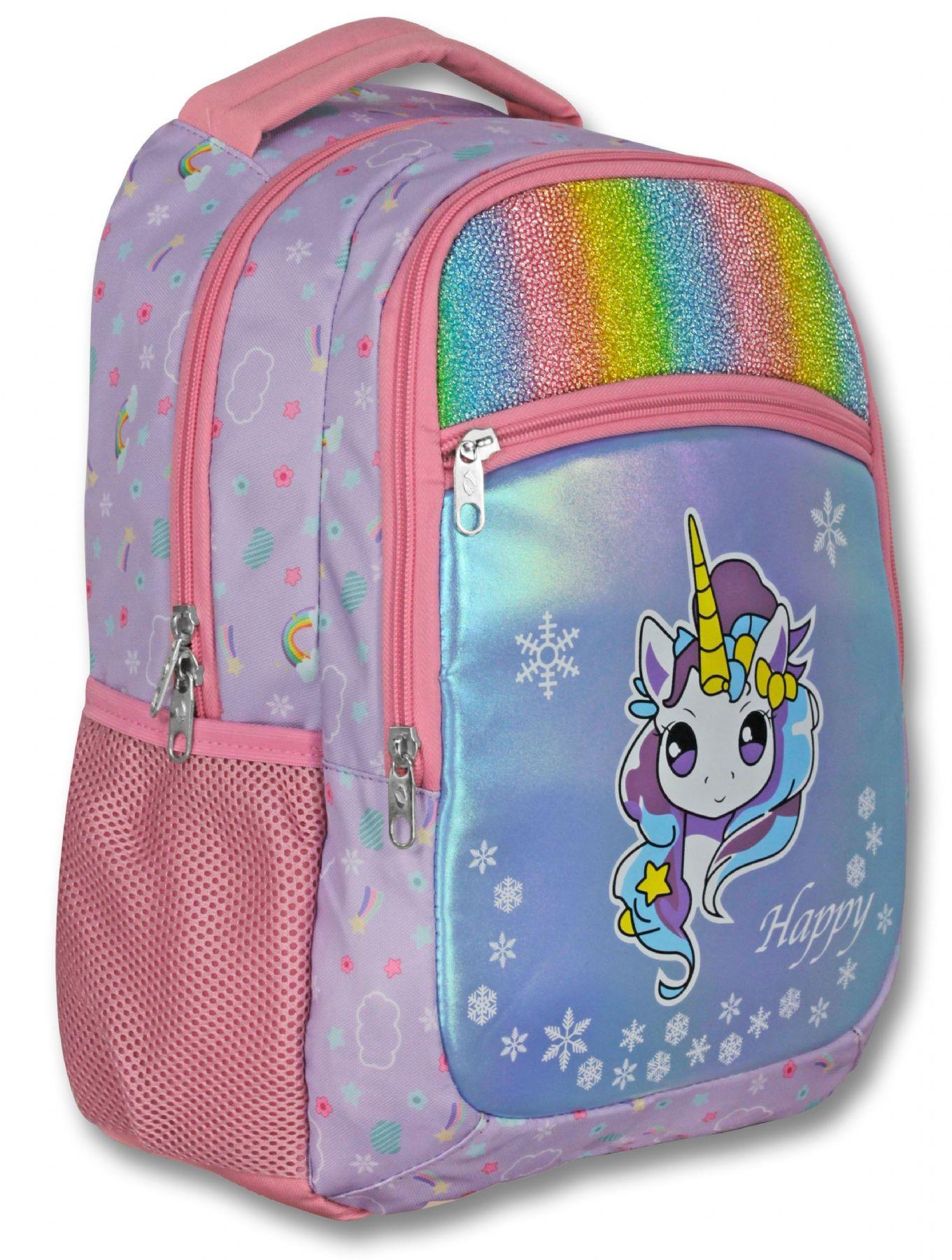 Ümit Çanta Üç Gözlü Kız Çocuk İlkokul Çantası - Gökkuşağı Unicorn - Turkuaz Pembe - 5015