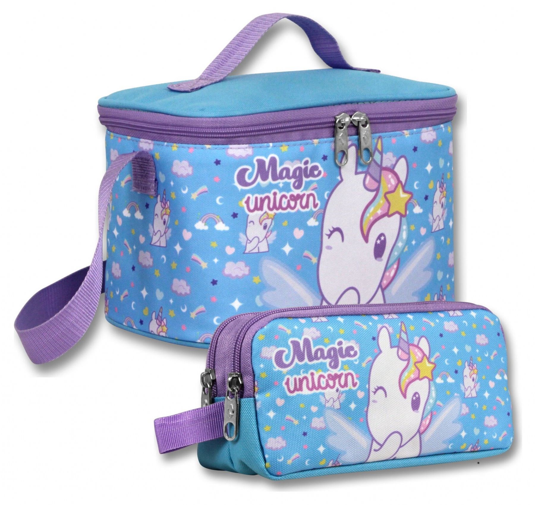 Ümit Çanta Yalıtımlı Beslenme Çantası ve Kalemlik Seti (Mor - Turkuaz) Kız Çocuk Magic Unicorn Baskılı SETUMT6016