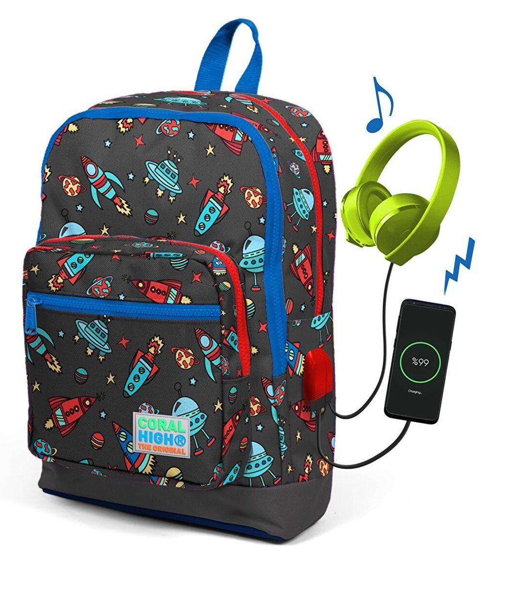 Uzay Desenli Usb Şarjlı Kulaklık Çıkışlı Okul Sırt Çantası 23279