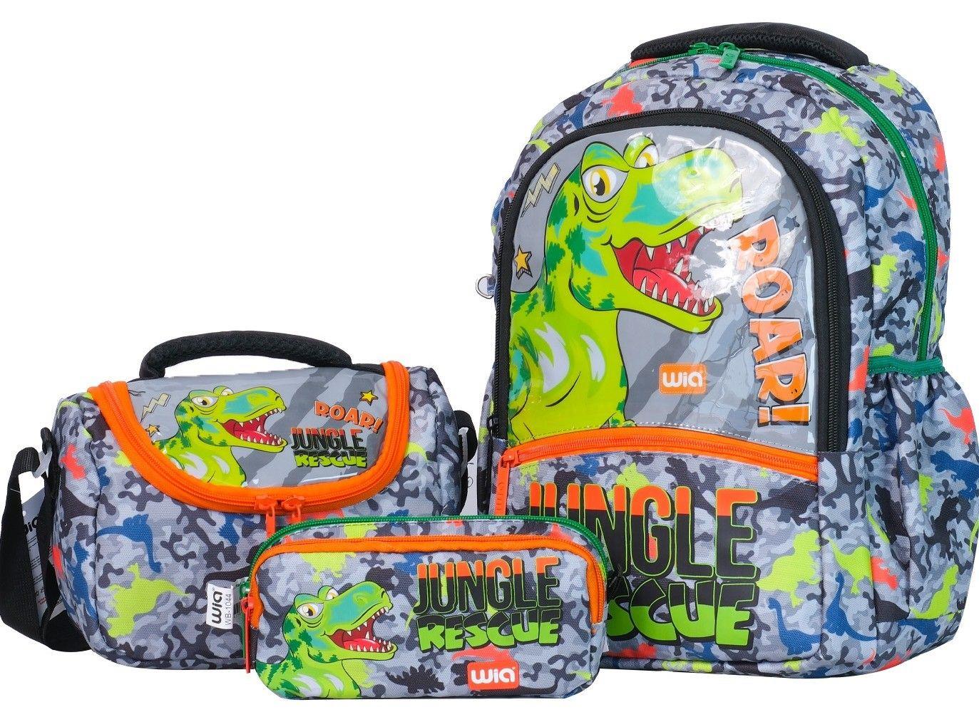Wia Dinazor Baskılı Erkek Çocuk Üçlü Okul Çanta Seti - Gri-Yeşil