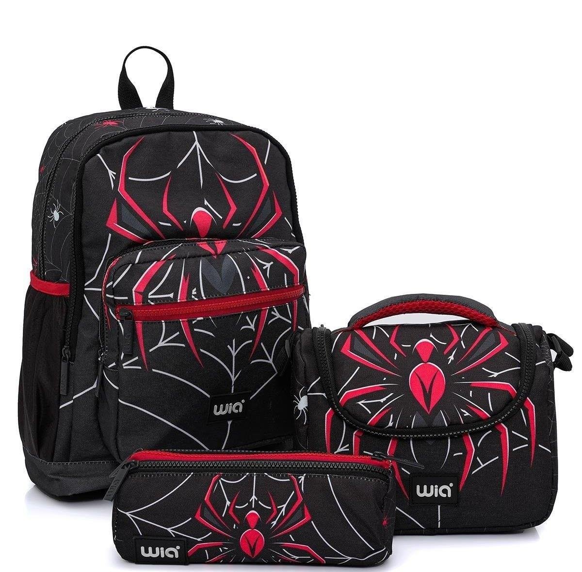 Wia Erkek Çocuk Örümcek Temalı 3'lü Okul Çanta Seti - Siyah-Kırmızı - İlkokul 1-2-3-4 İçin Uygun SW-031