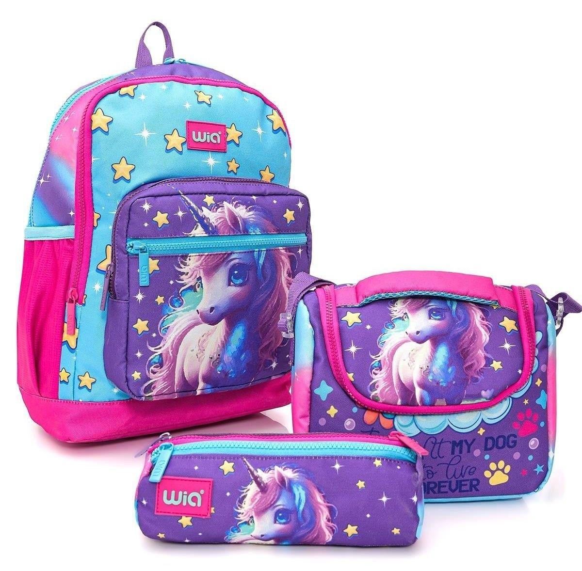 Wia Kız Çocuk Unicorn Desenli 3'lü Okul Çanta Seti - İlkokul Çanta Takımı - SW-019