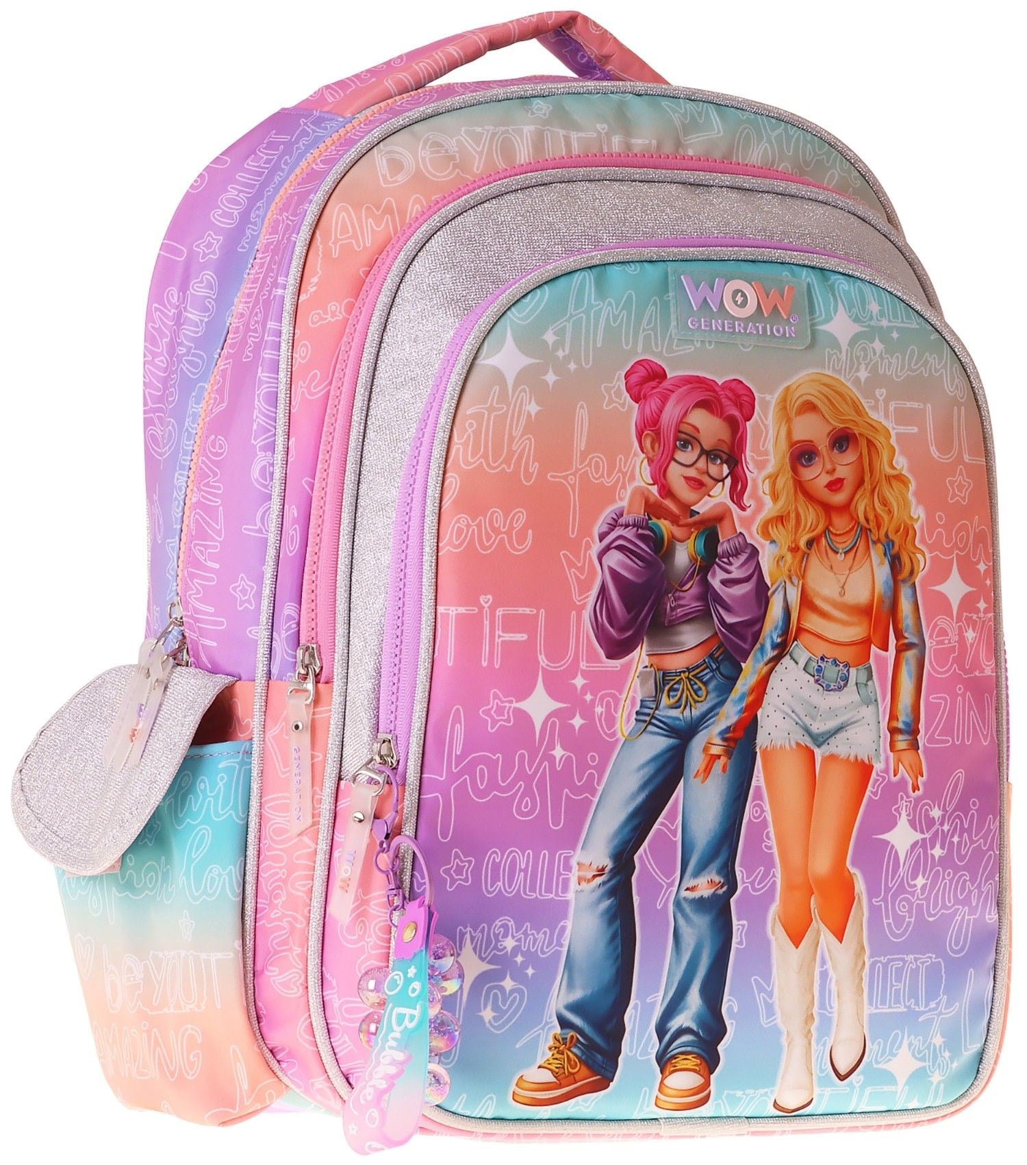 Wow Generation Kız Çocuk Star Desenli (Pembe - Mor) İlkokul ve Günlük Sırt Çantası (Üç Bölmeli) - W6033