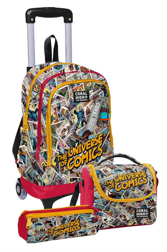 【美品】SPACE KELLY & GOOD FELLOWS 7インチ Coral High Çekçek Tekerlekli Üçlü İlkokul Çanta Seti Sarı Çizgi