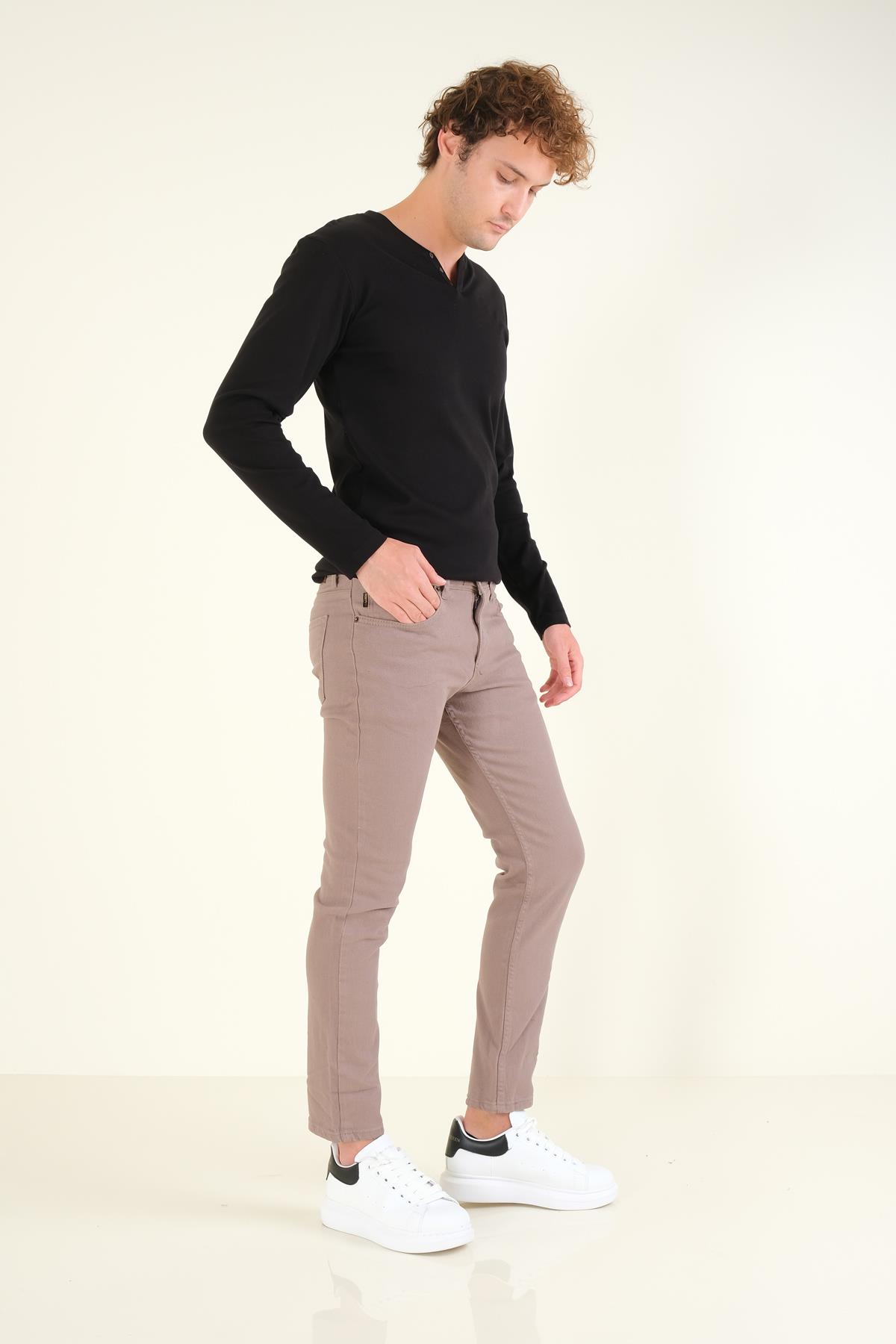 Erkek 5 Cep Slim Fit Kot Pantolon Vizon