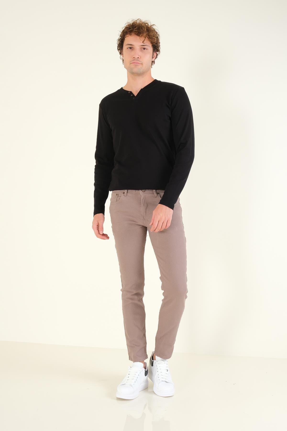 Erkek 5 Cep Slim Fit Kot Pantolon Vizon