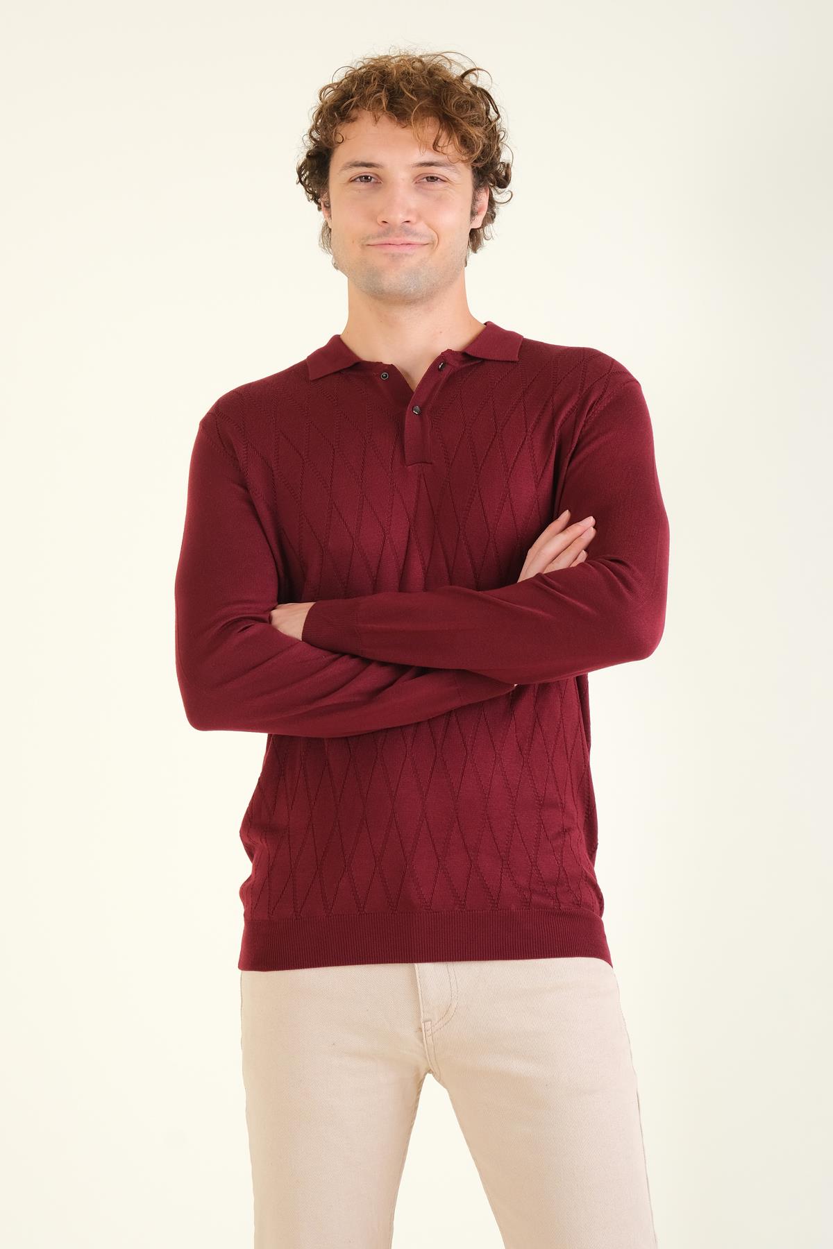 Erkek Baklava Desenli Polo Yaka Merserize Kazak Bordo