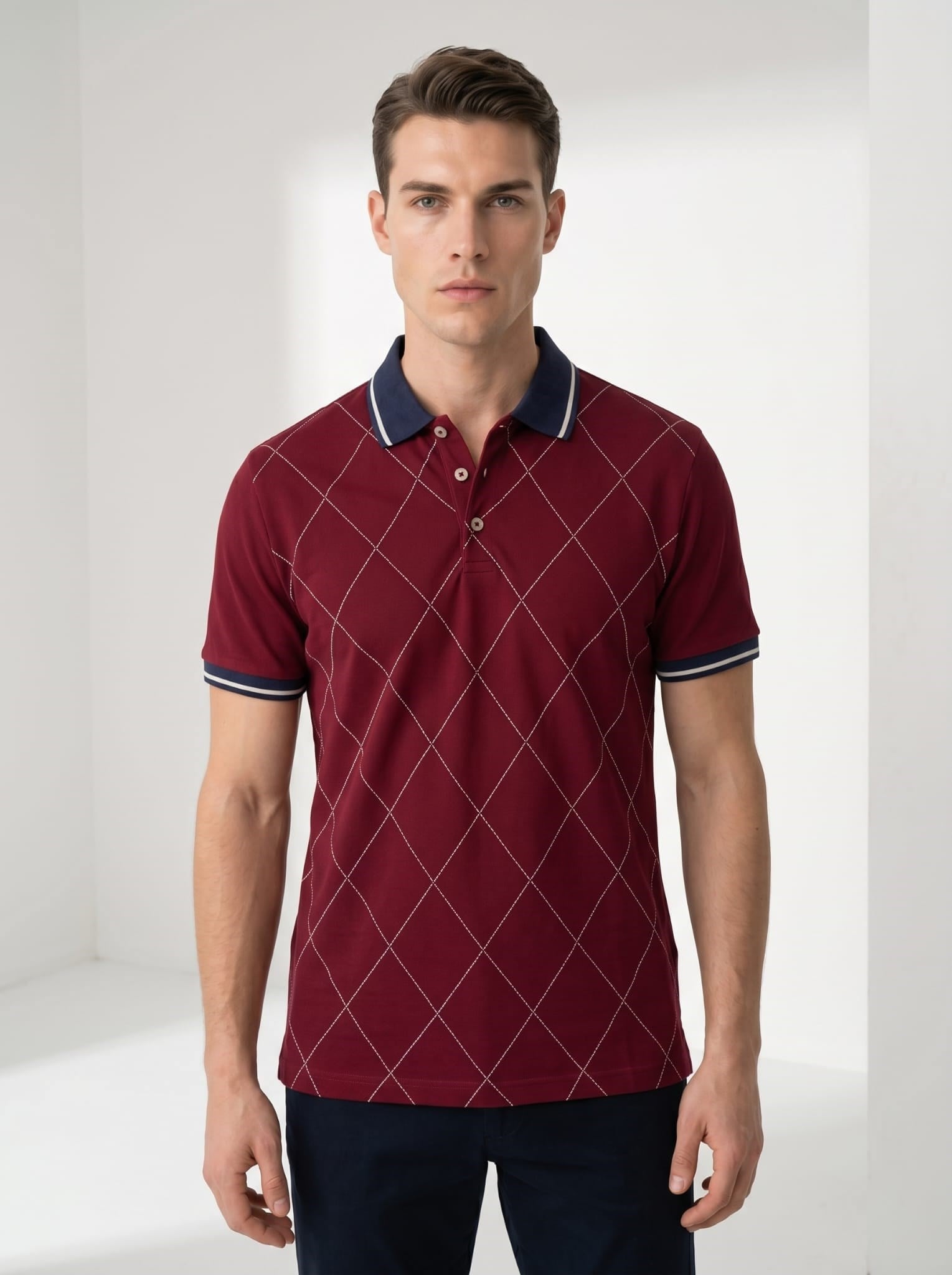 Erkek Baklava Desenli Polo Yaka Tshirt Bordo