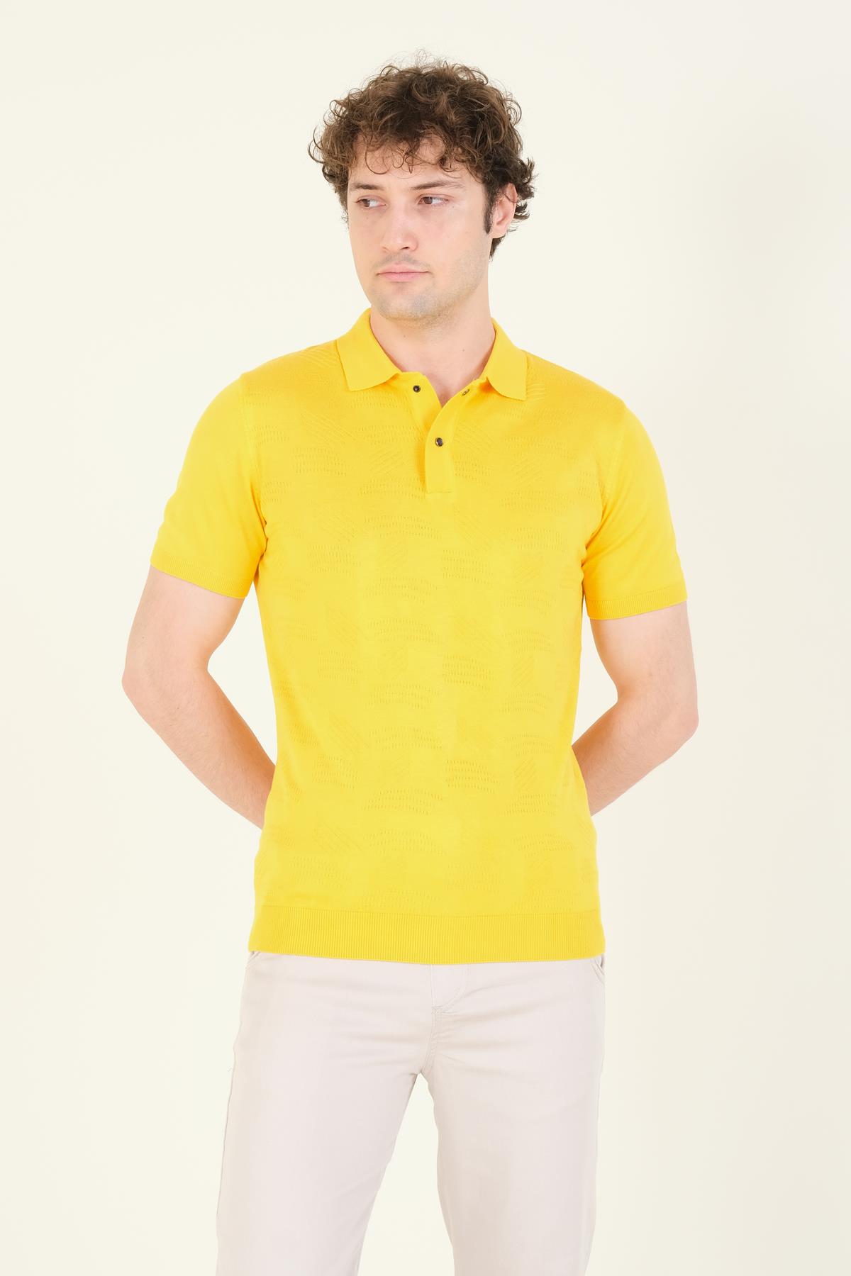 Erkek Çıtçıtlı Desenli Polo Yaka Merserize T-Shirt Sarı
