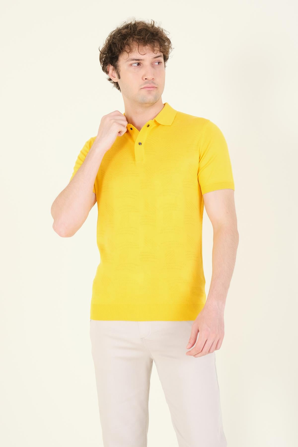 Erkek Çıtçıtlı Desenli Polo Yaka Merserize T-Shirt Sarı