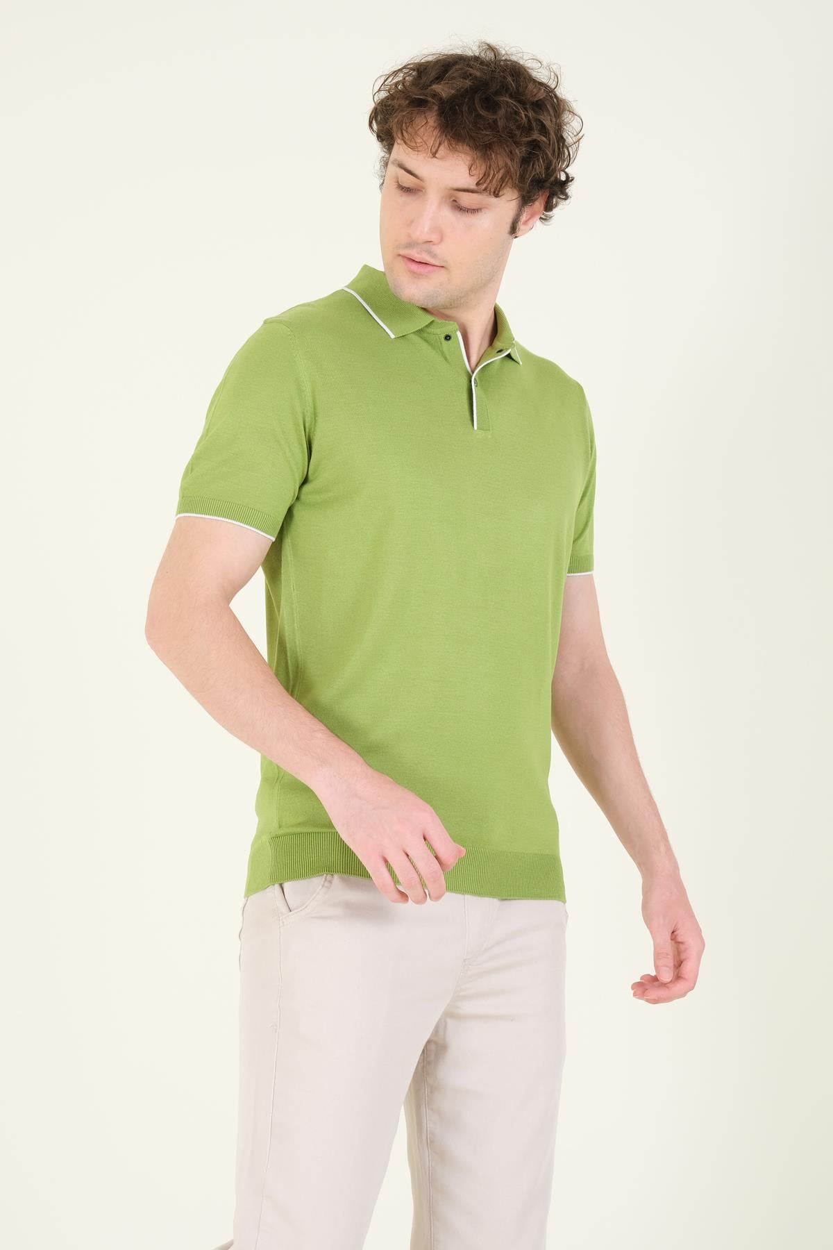 Erkek Çıtçıtlı Yaka Biyeli Merserize T-Shirt Yeşil