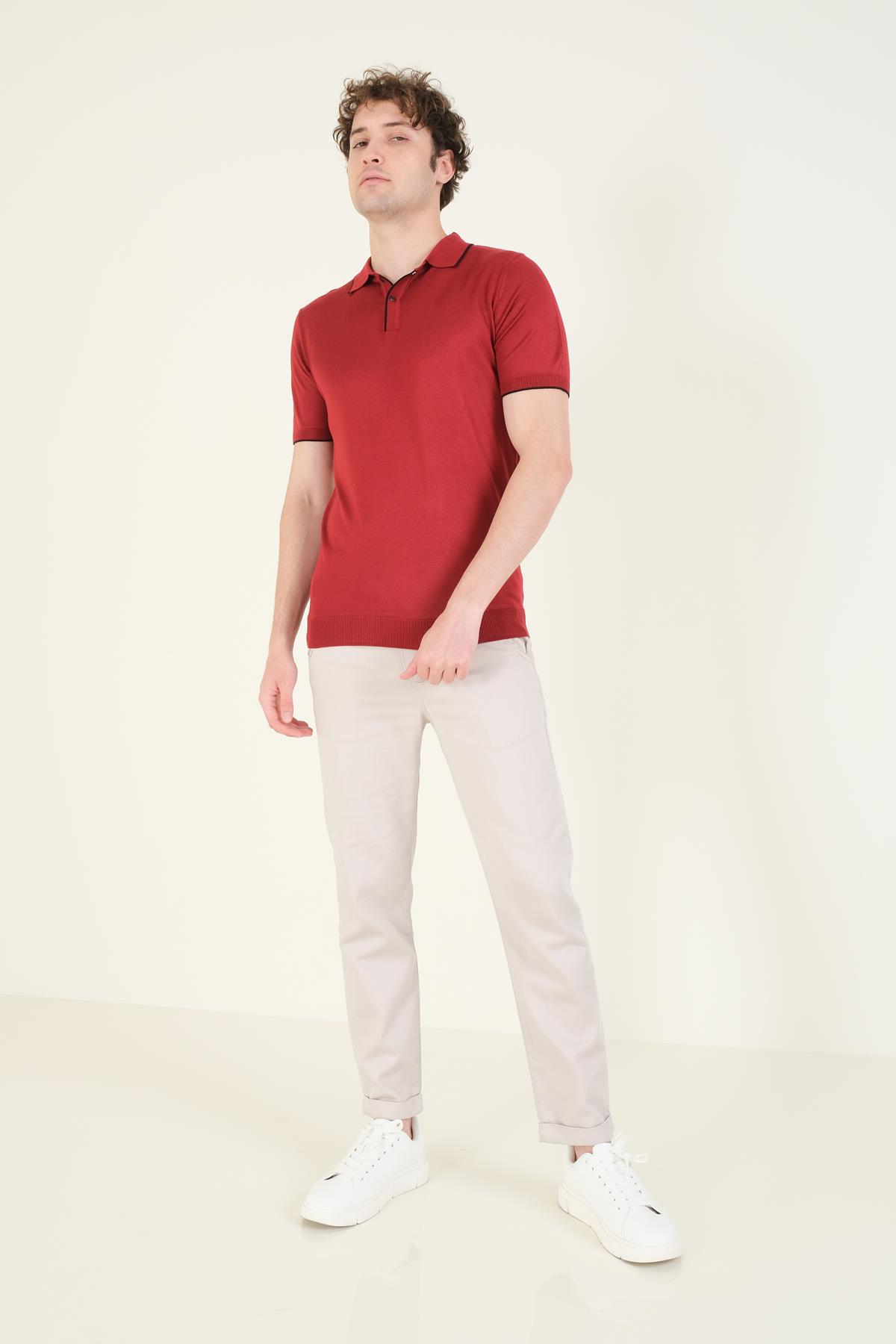 Erkek Çıtçıtlı Yaka Biyeli Merserize T-Shirt Bordo