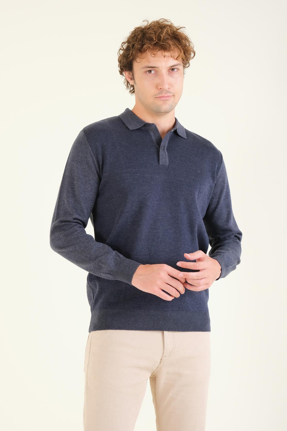 Erkek Desenli Polo Yaka Kazak İndigo