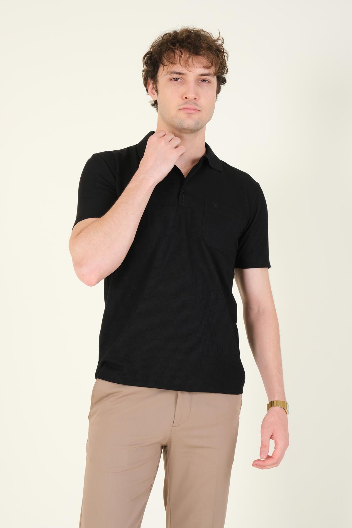 Erkek Dokulu Cepli Polo Yaka T-Shirt Siyah
