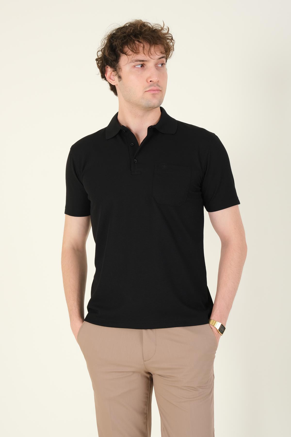 Erkek Dokulu Cepli Polo Yaka T-Shirt Siyah