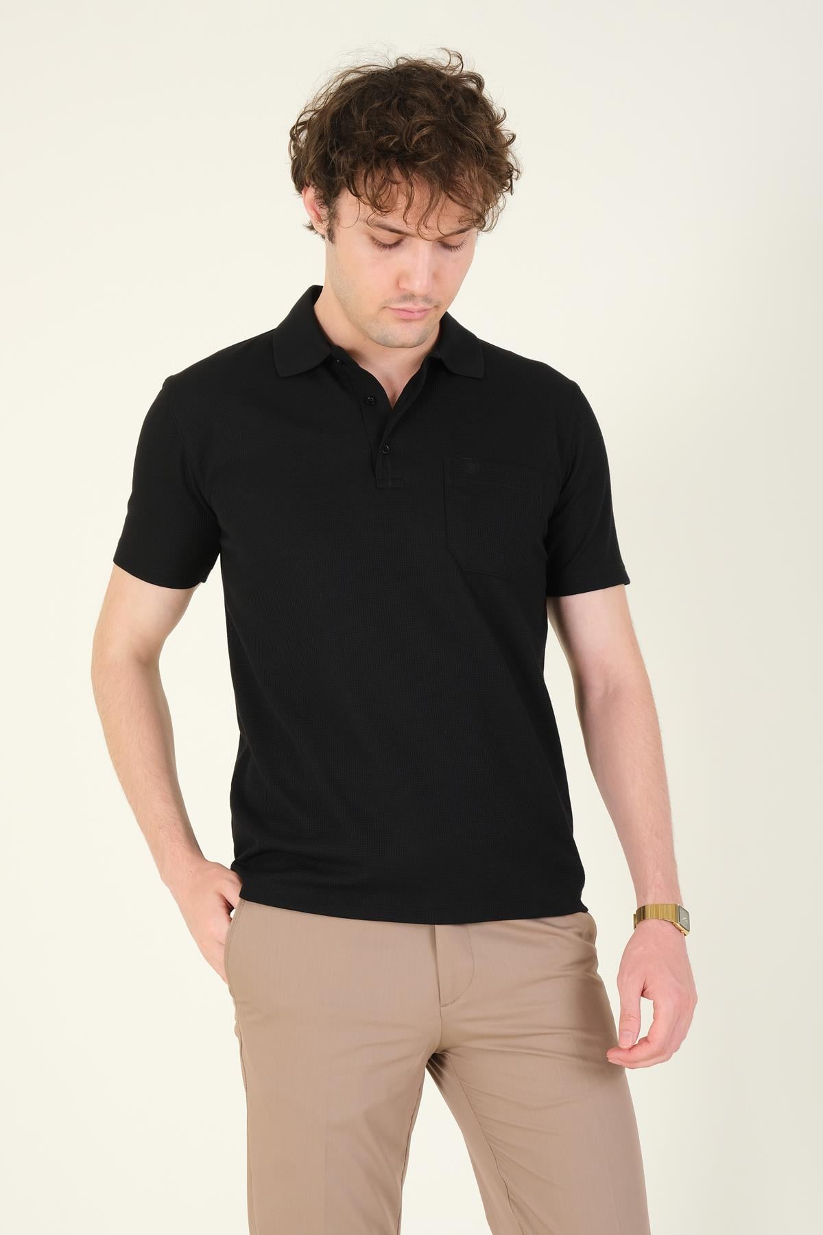 Erkek Dokulu Cepli Polo Yaka T-Shirt Siyah