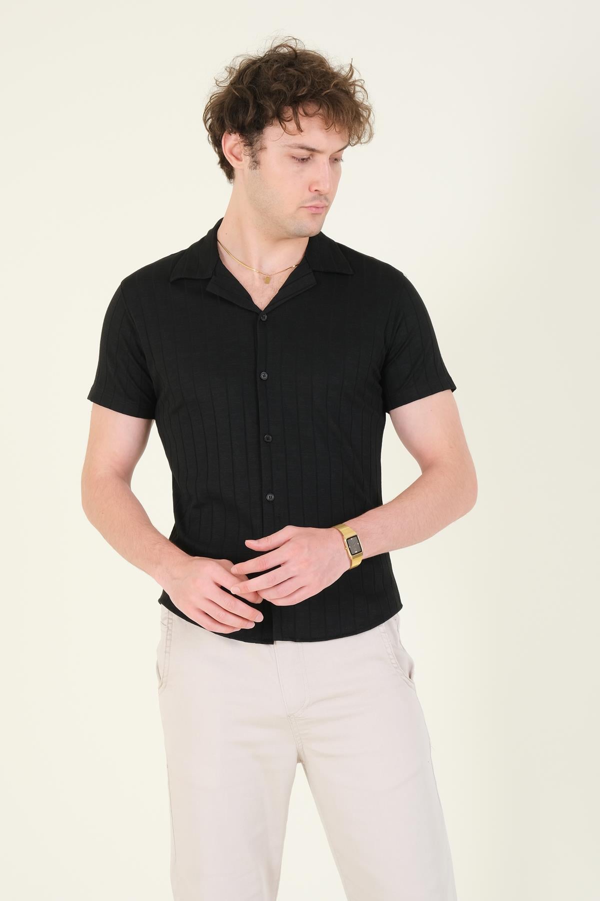 Erkek Gömlek Yaka Düğmeli Penye Gömlek Siyah