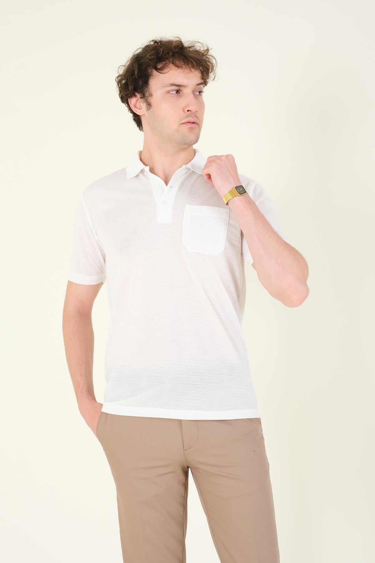 Erkek Jakarlı Cepli Polo Yaka T-Shirt Beyaz
