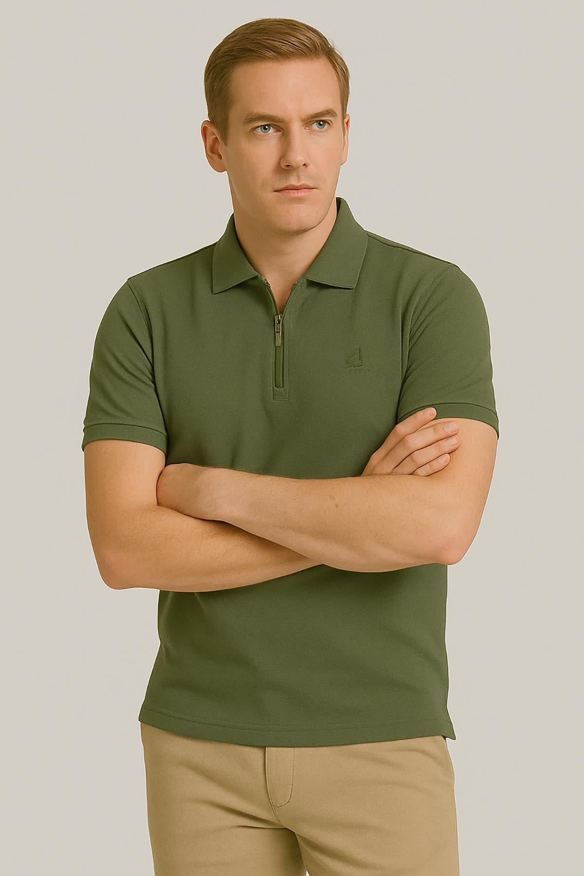 Erkek Kısakol Polo Yaka Fermuarlı Tshirt Haki
