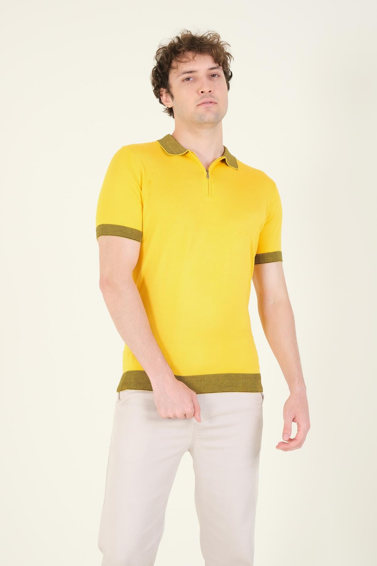 Erkek Renkli Yaka Yarım Fermuarlı Polo Yaka Merserize T-Shirt Sarı