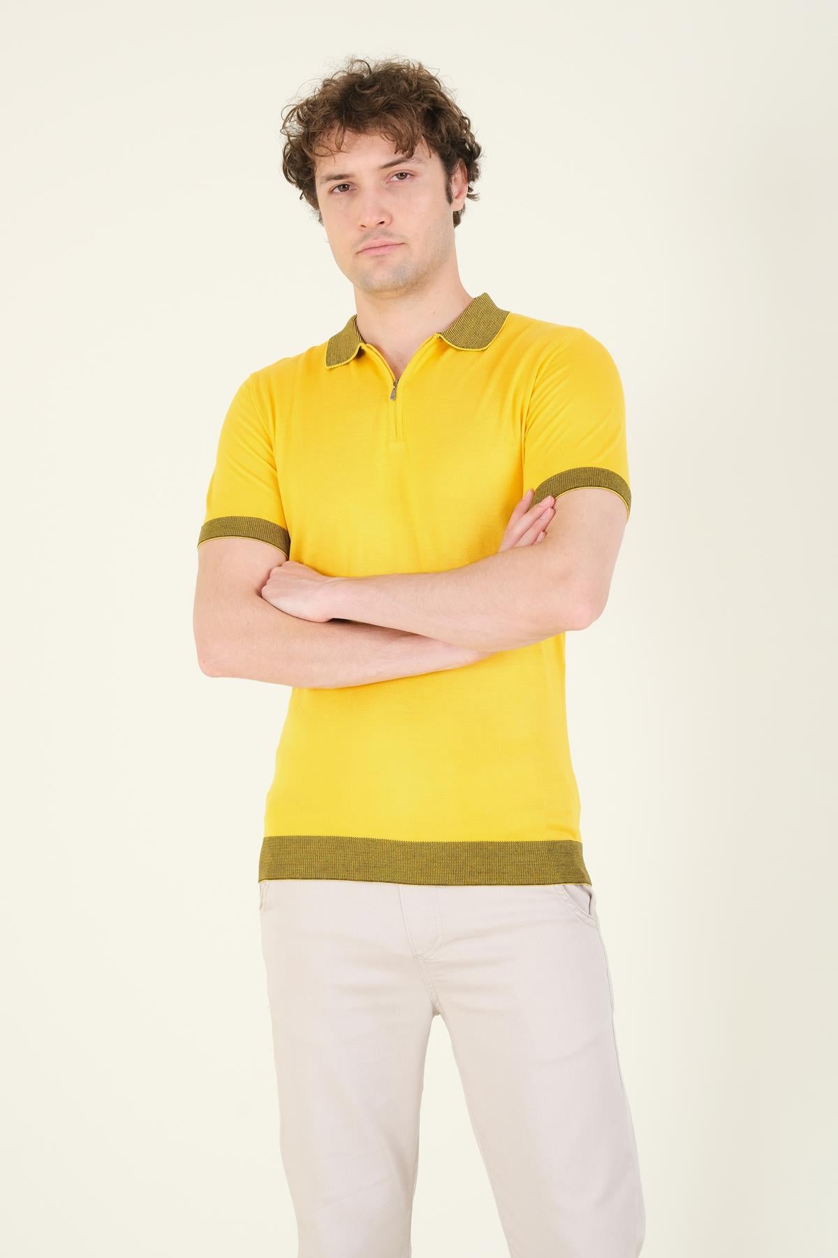 Erkek Renkli Yaka Yarım Fermuarlı Polo Yaka Merserize T-Shirt Sarı