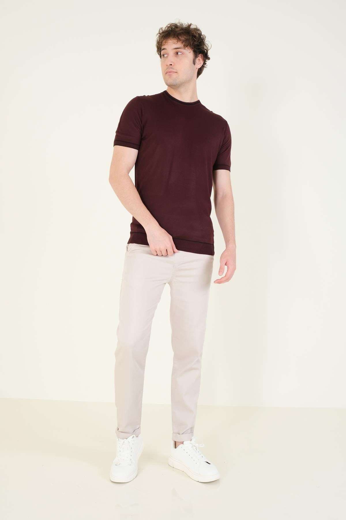 Erkek Sıfır Yaka Biyeli Merserize T-Shirt Mürdüm