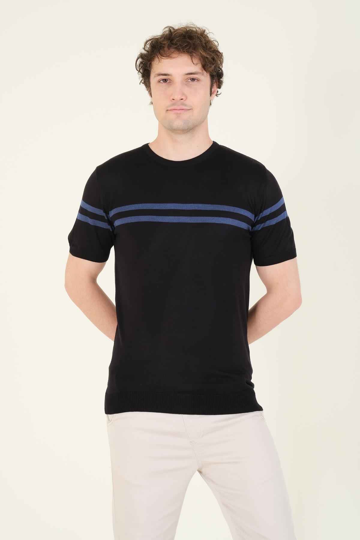 Erkek Sıfır Yaka Çizgili Merserize T-Shirt Siyah