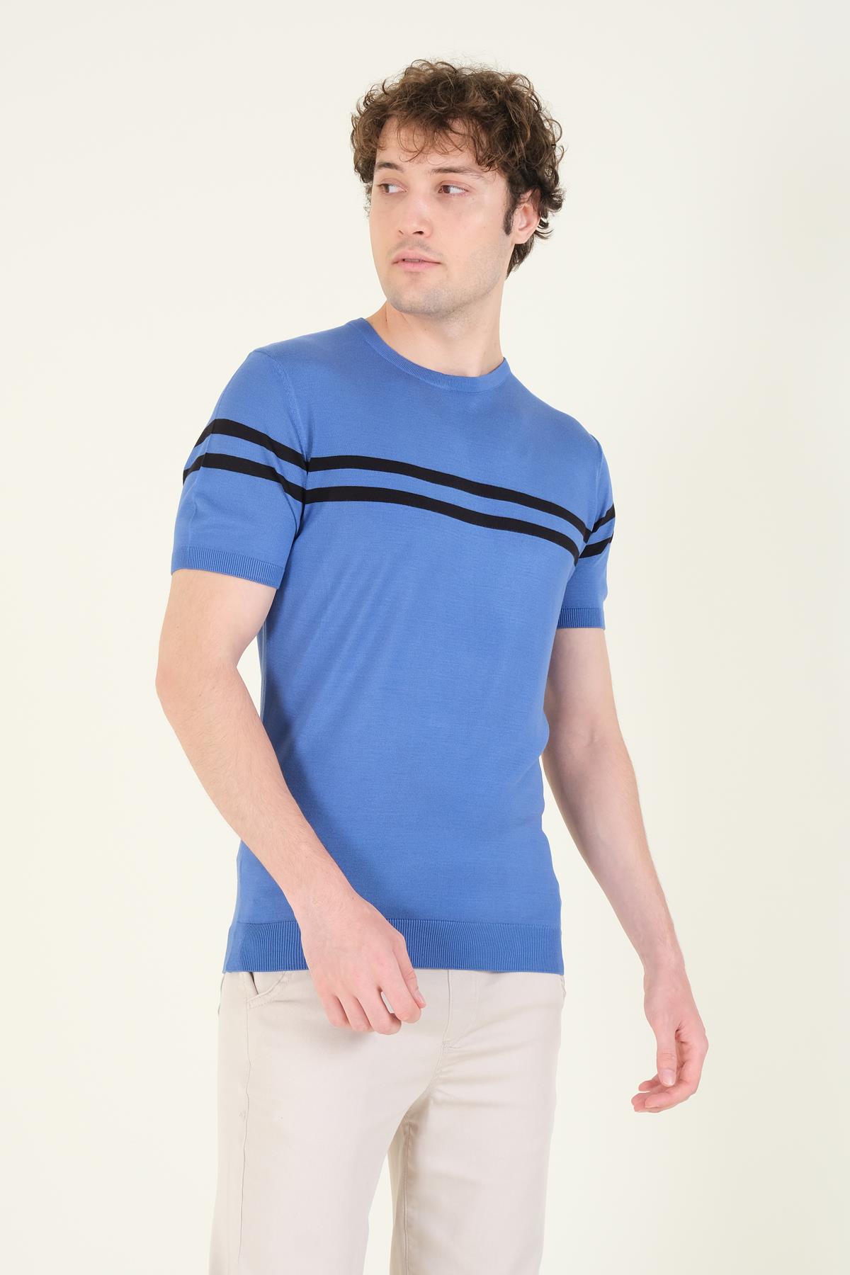 Erkek Sıfır Yaka Çizgili Merserize T-Shirt İndigo