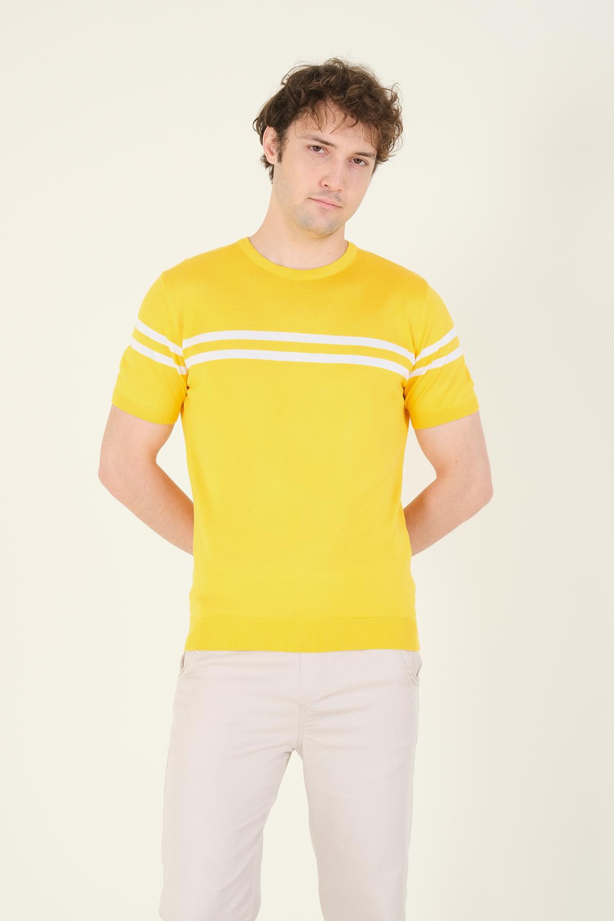 Erkek Sıfır Yaka Çizgili Merserize T-Shirt Sarı