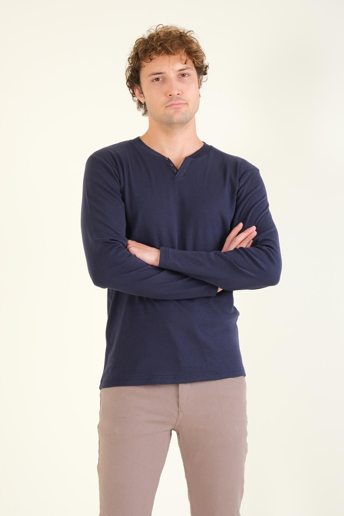 Erkek Sıfır Yaka Düğmeli Uzun Kol Sweatshirt Lacivert