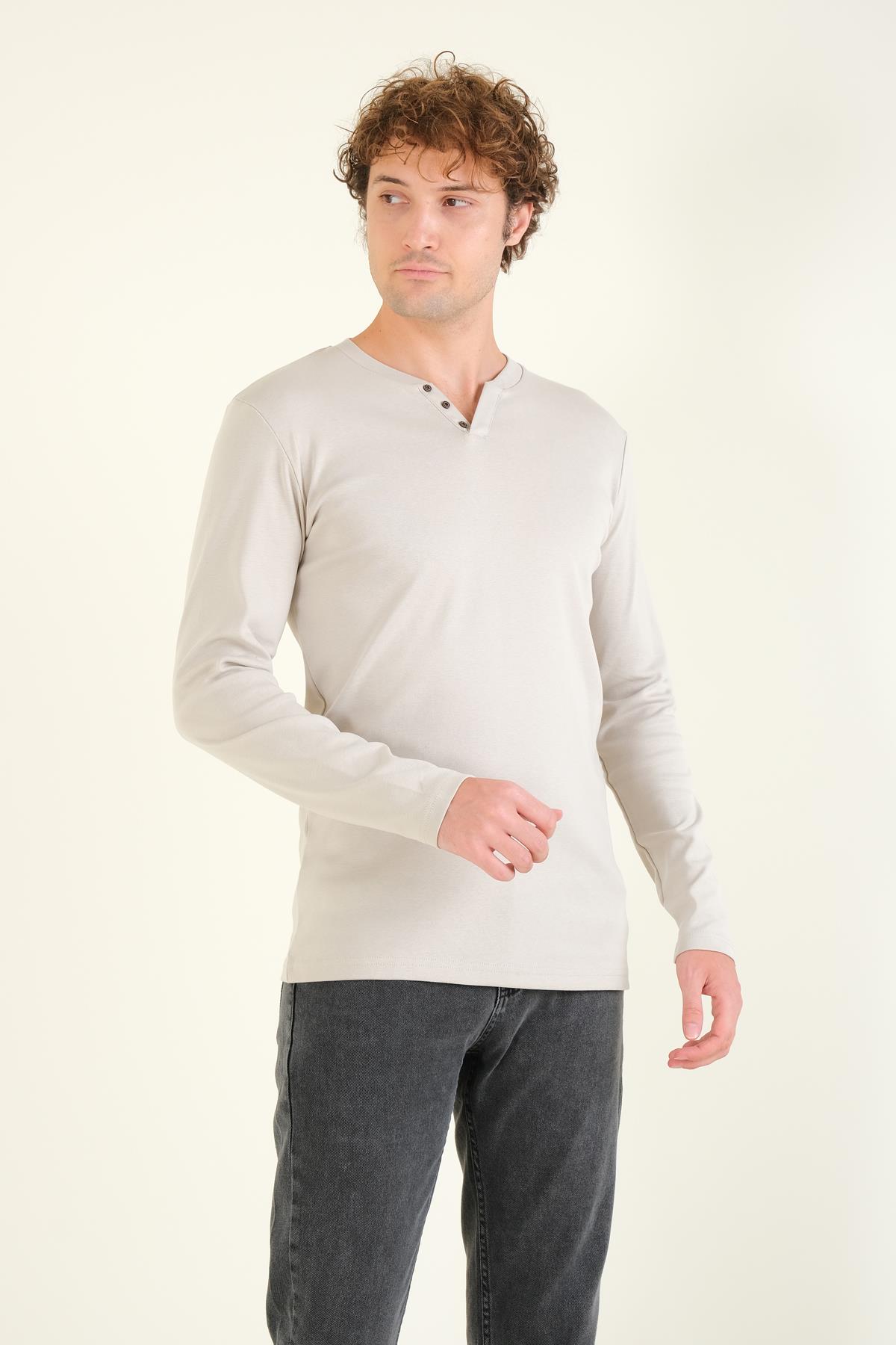 Erkek Sıfır Yaka Düğmeli Uzun Kol Sweatshirt Taş