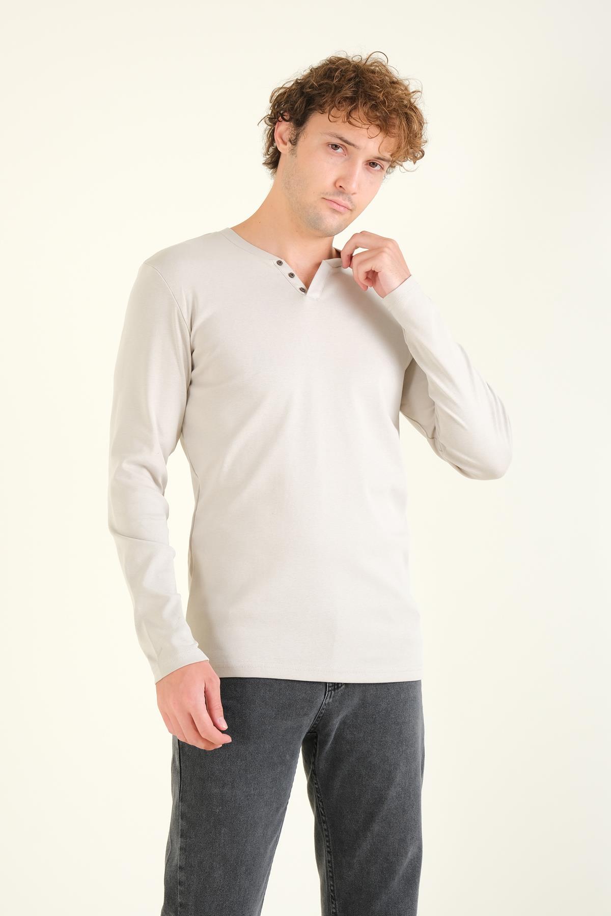 Erkek Sıfır Yaka Düğmeli Uzun Kol Sweatshirt Taş